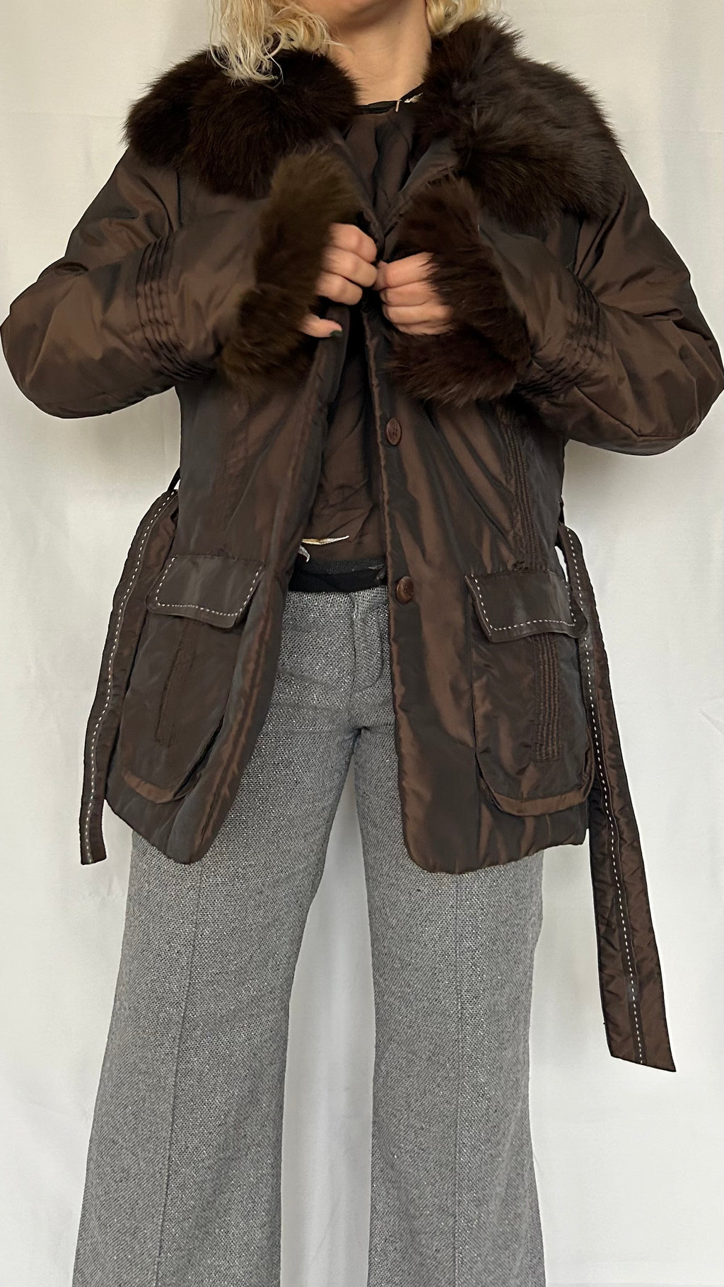 Vintage 2000s Brown Nylon Puffer Coat with Real Fox Fur Collar & Cuffs