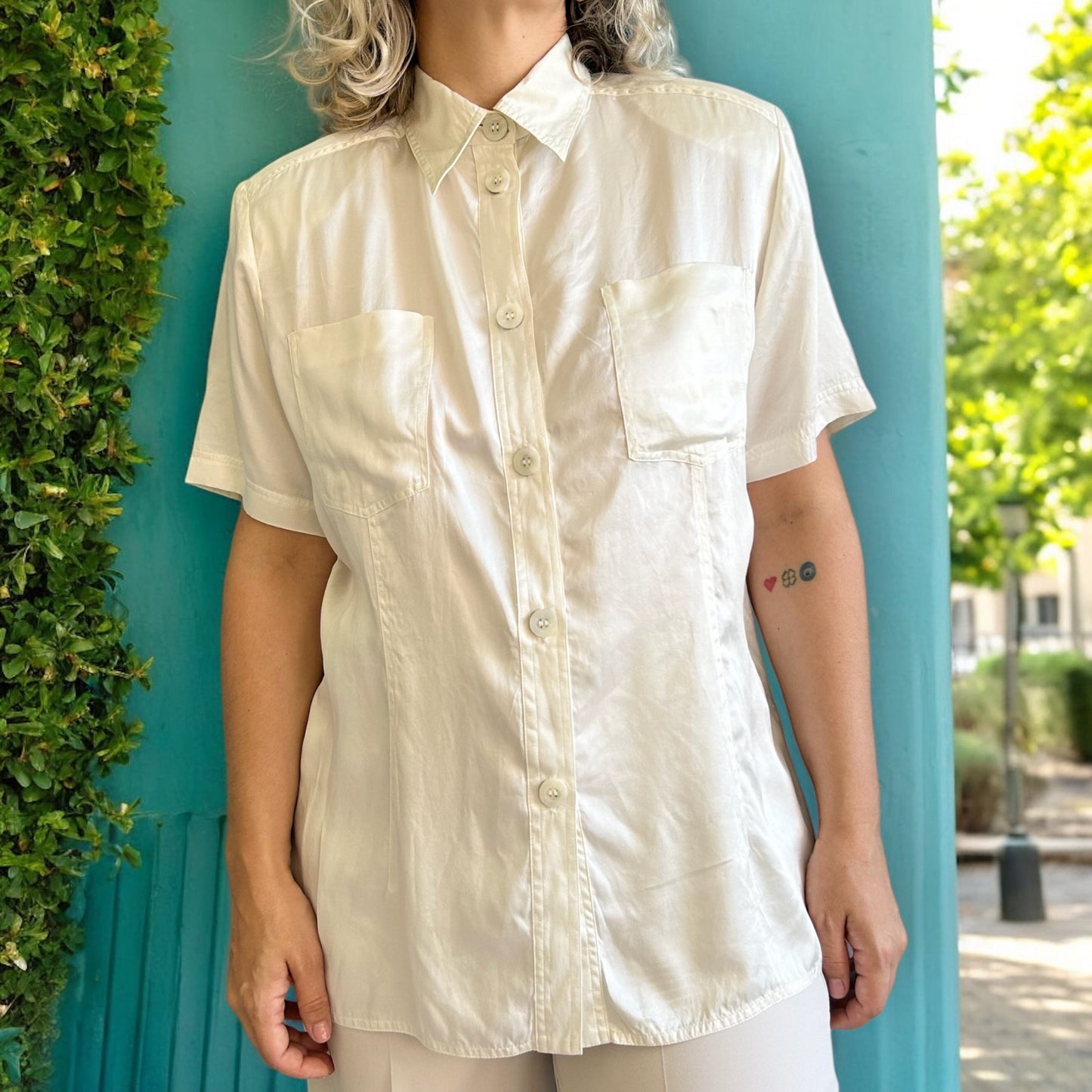 Vintage Silk Cream Shirt with Shoulder Pads