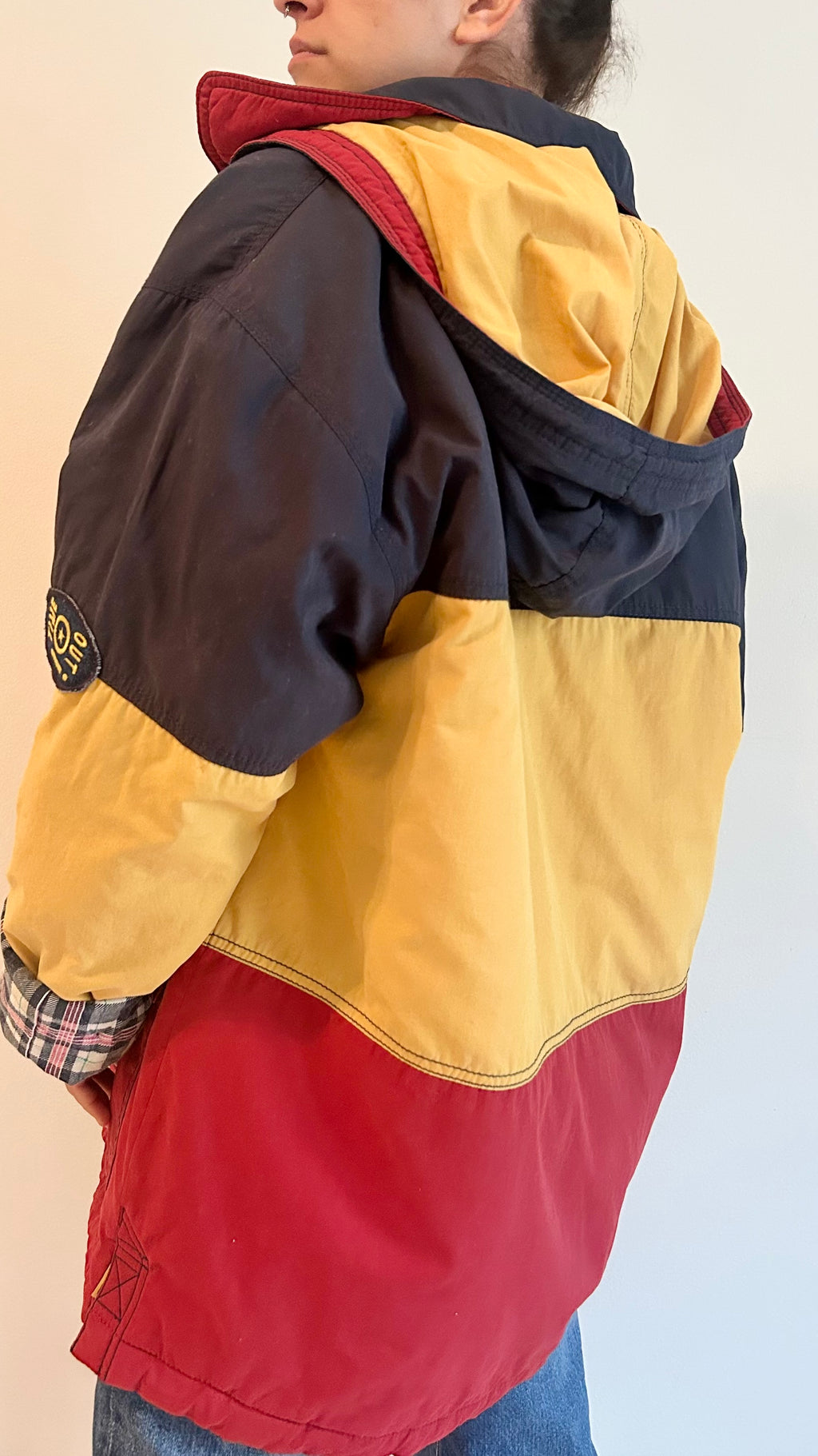 1980s Padded Hooded Jacket – Red, Yellow & Navy – Color Block Coat
