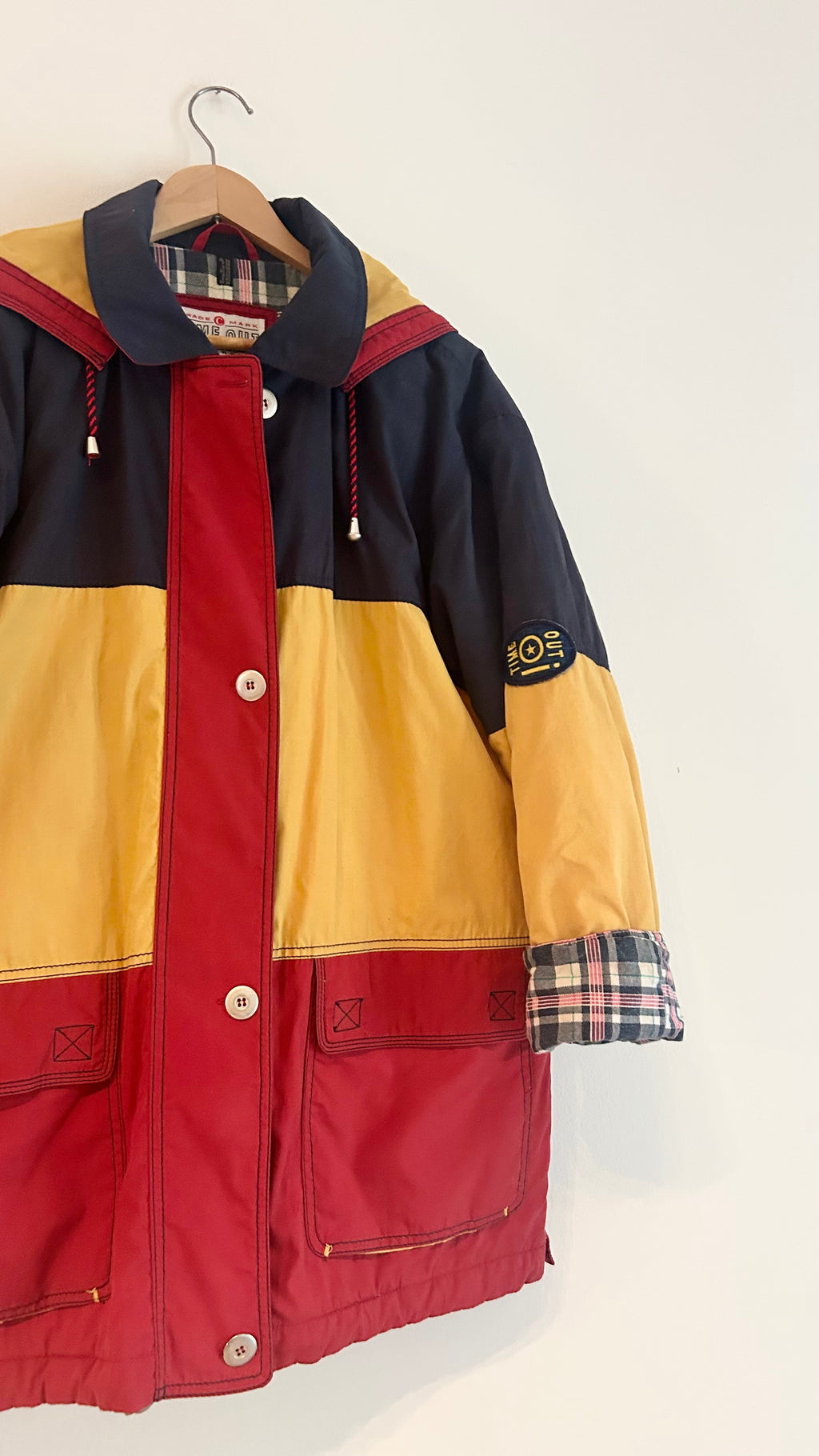 1980s Padded Hooded Jacket – Red, Yellow & Navy – Color Block Coat
