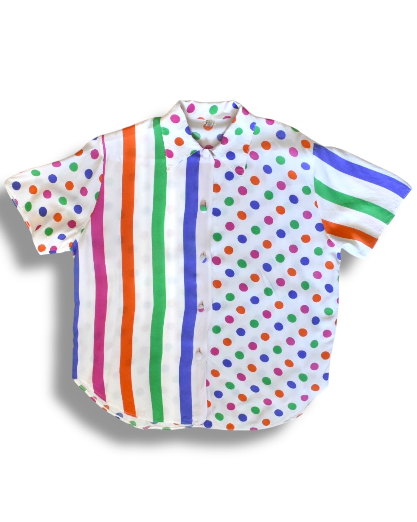 Short-Sleeve Button-Up Shirt with Colorful Stripes & Polka Dots