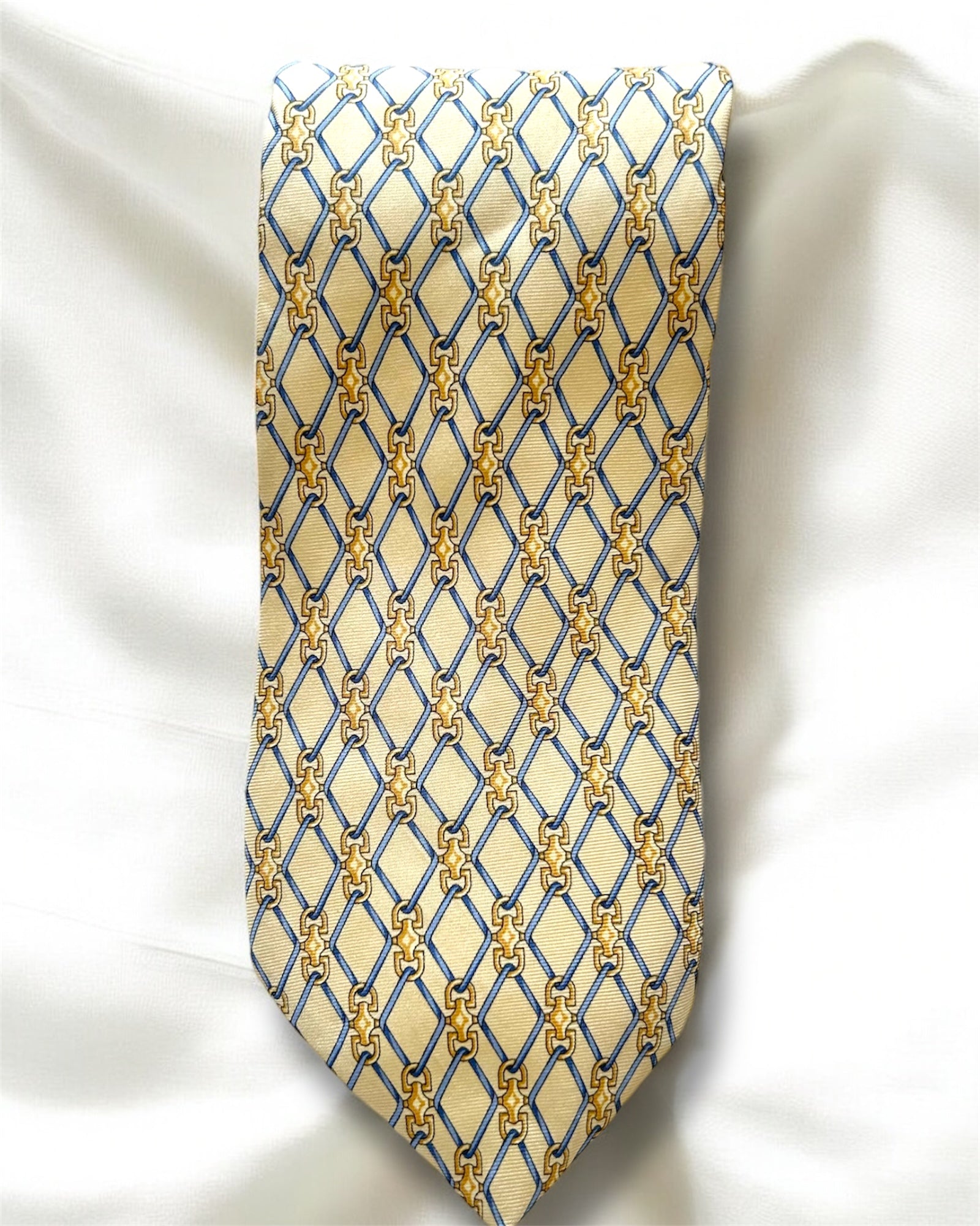Vintage 1980s Beaufort for Tie Rack Silk Tie – Made in Italy – Chain Pattern in Gold & Blue on Beige