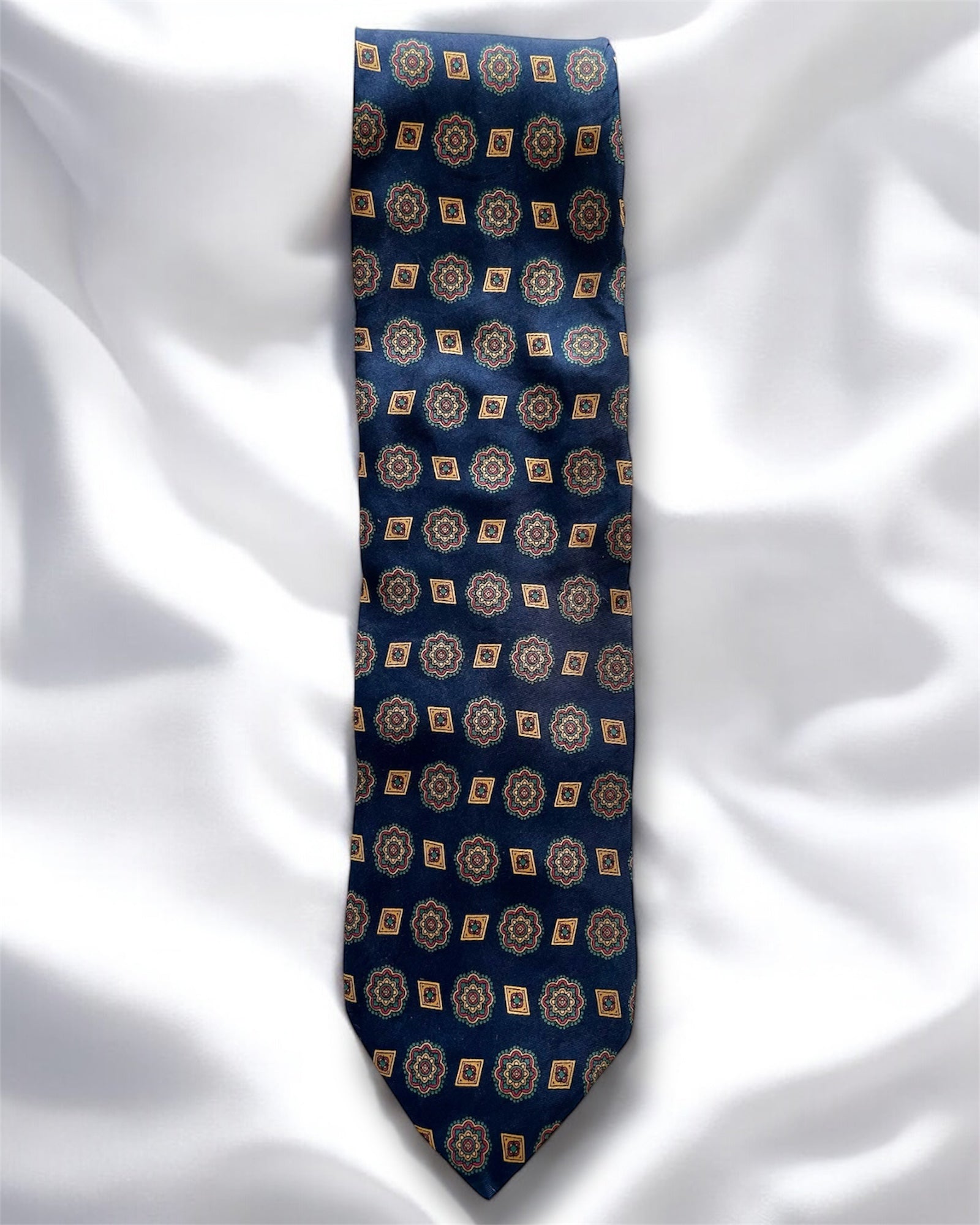 Vintage 100% Silk Tie — Geometric Medallion Pattern