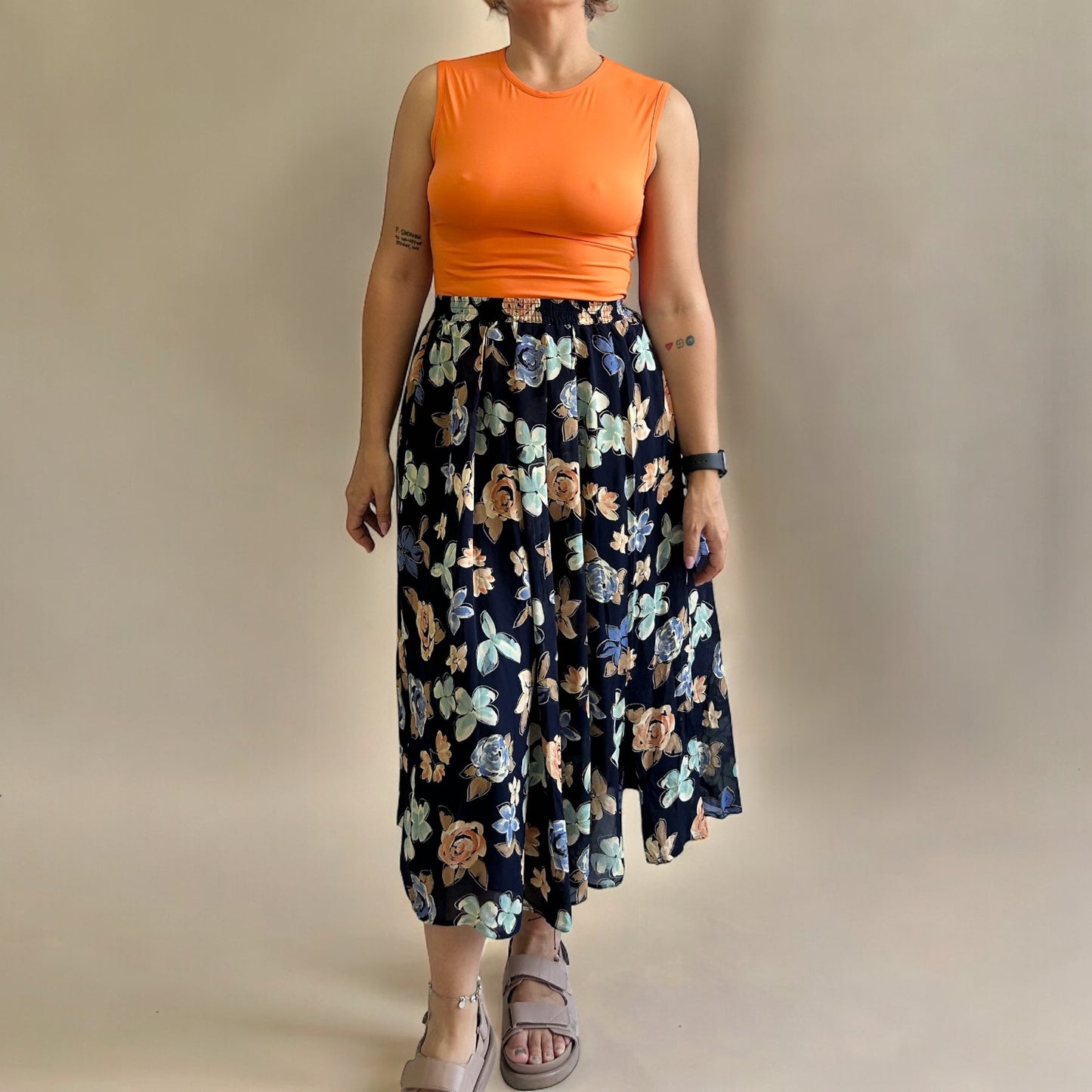 Vintage Pleated Floral Midi Skirt