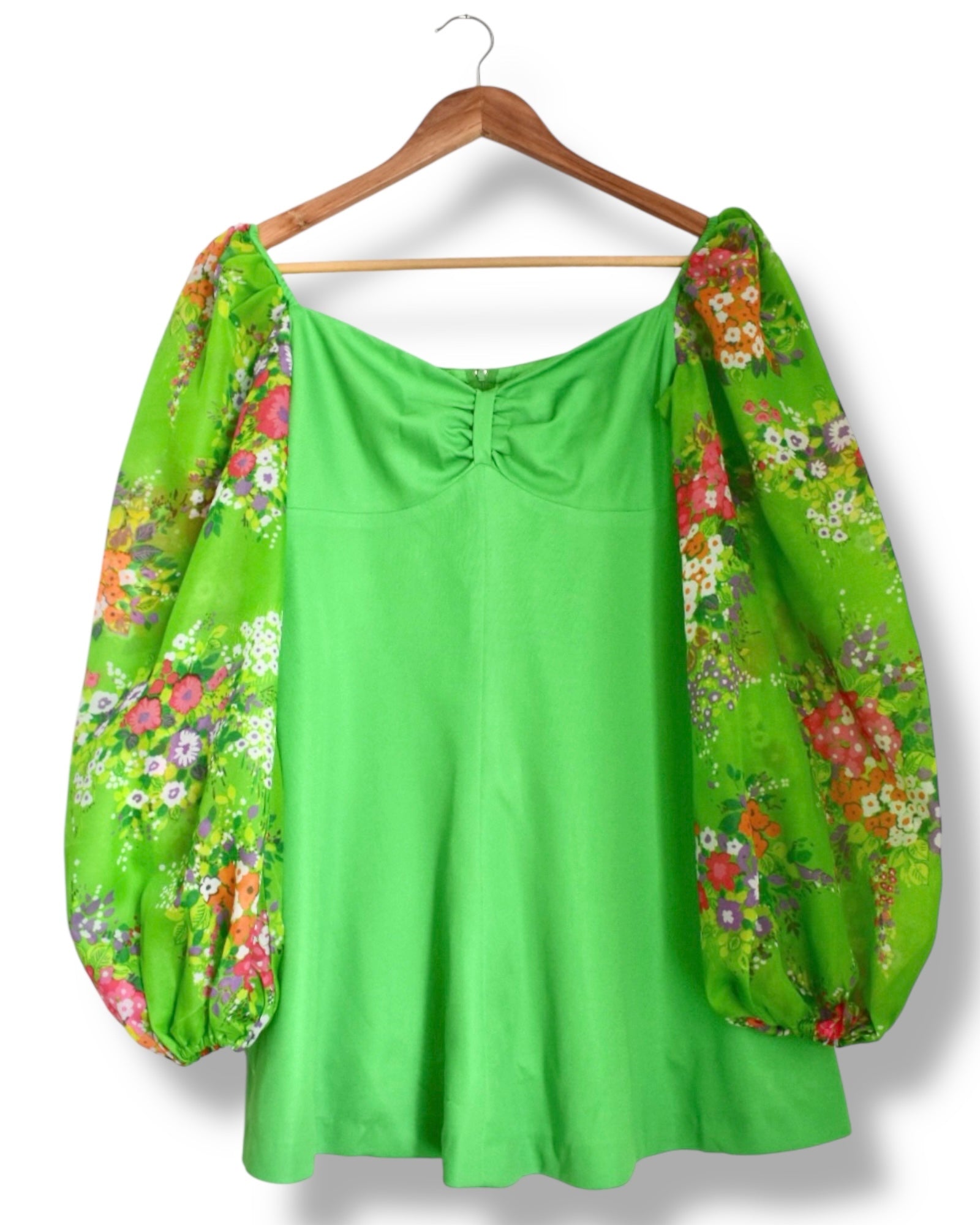 Vintage 1970s Green Mini Dress with Puffy Floral Sleeves