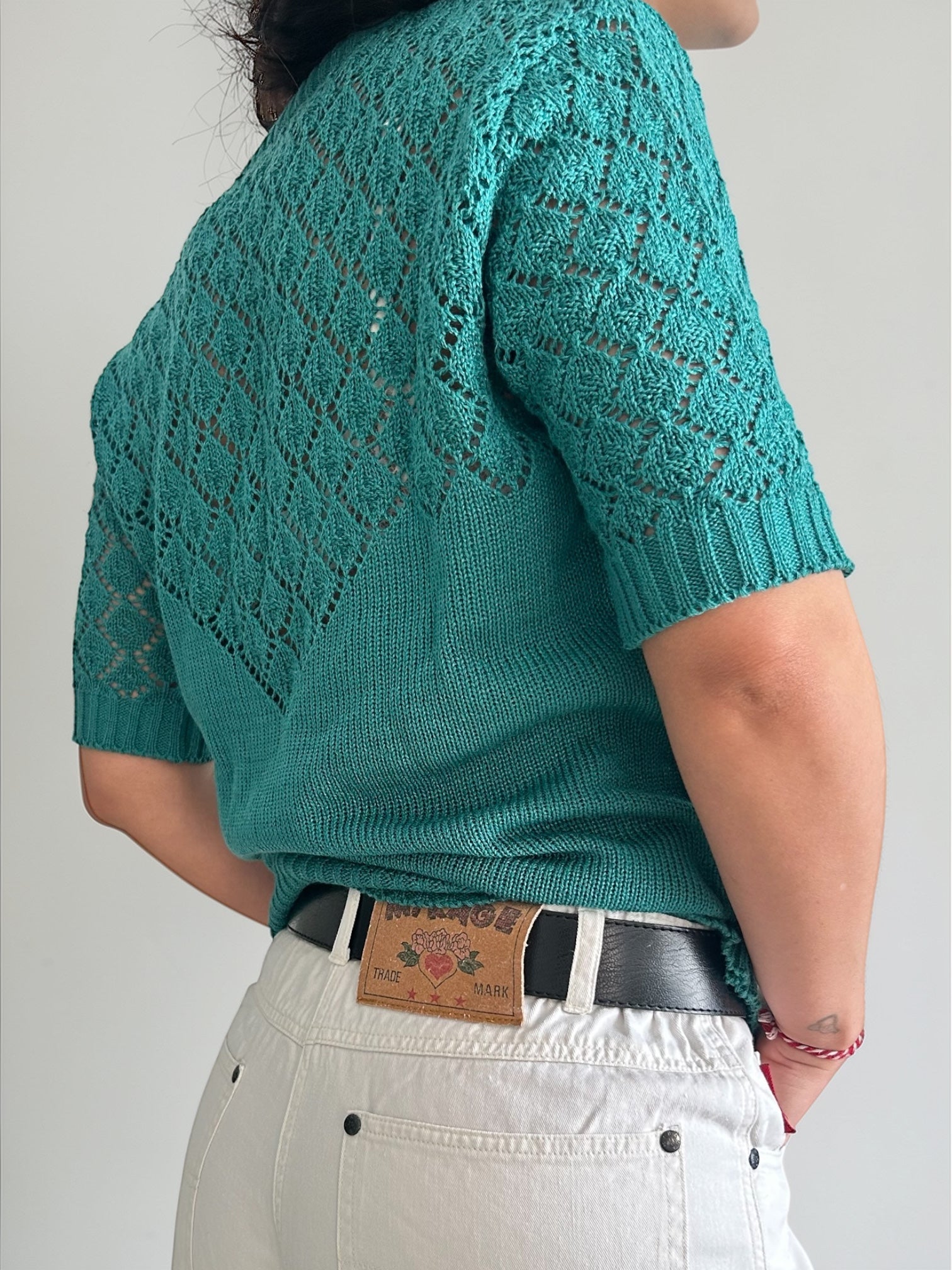 80s Green Pointelle Knit Top • Short Sleeve V-Neck