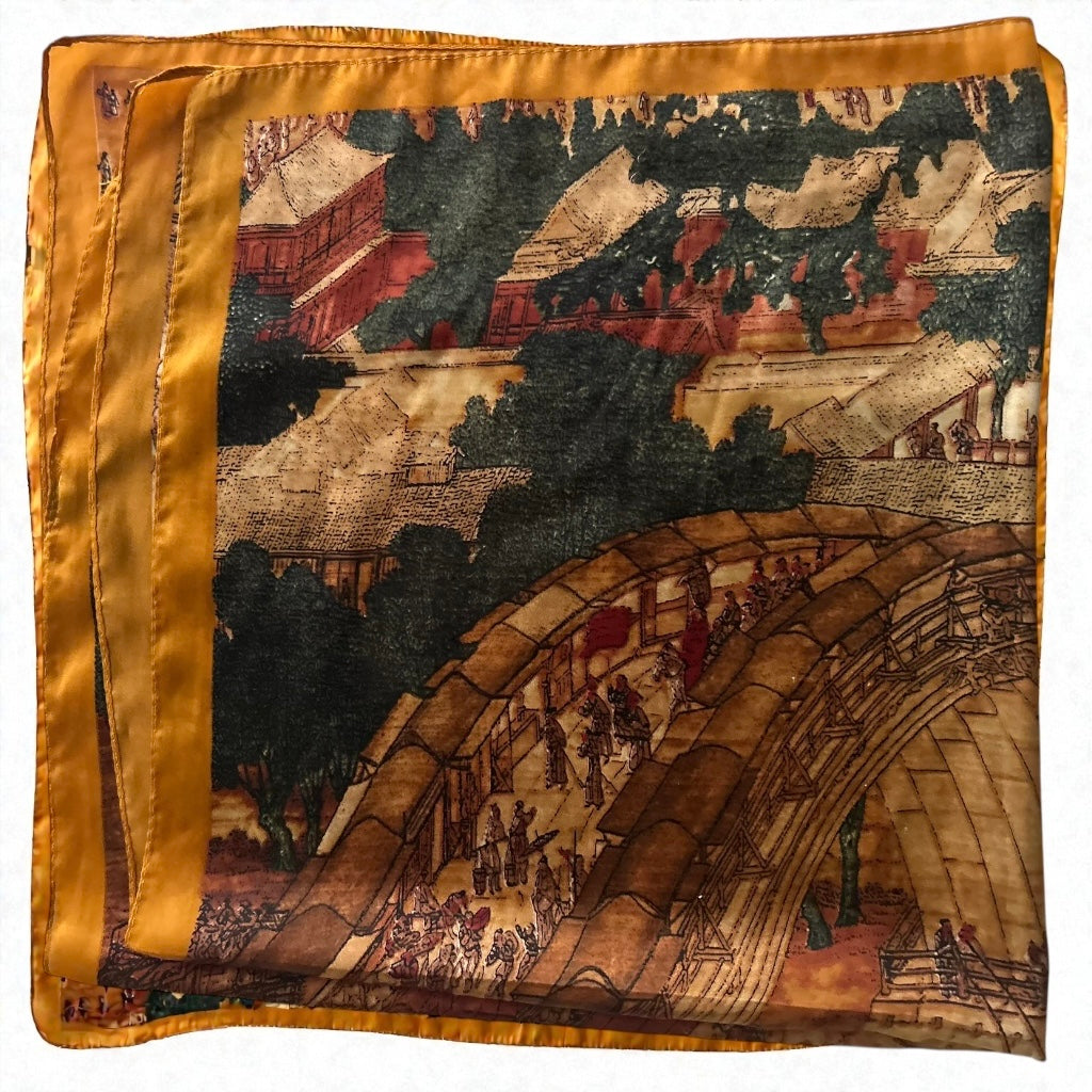 Vintage Silk Scenic Print Scarf
