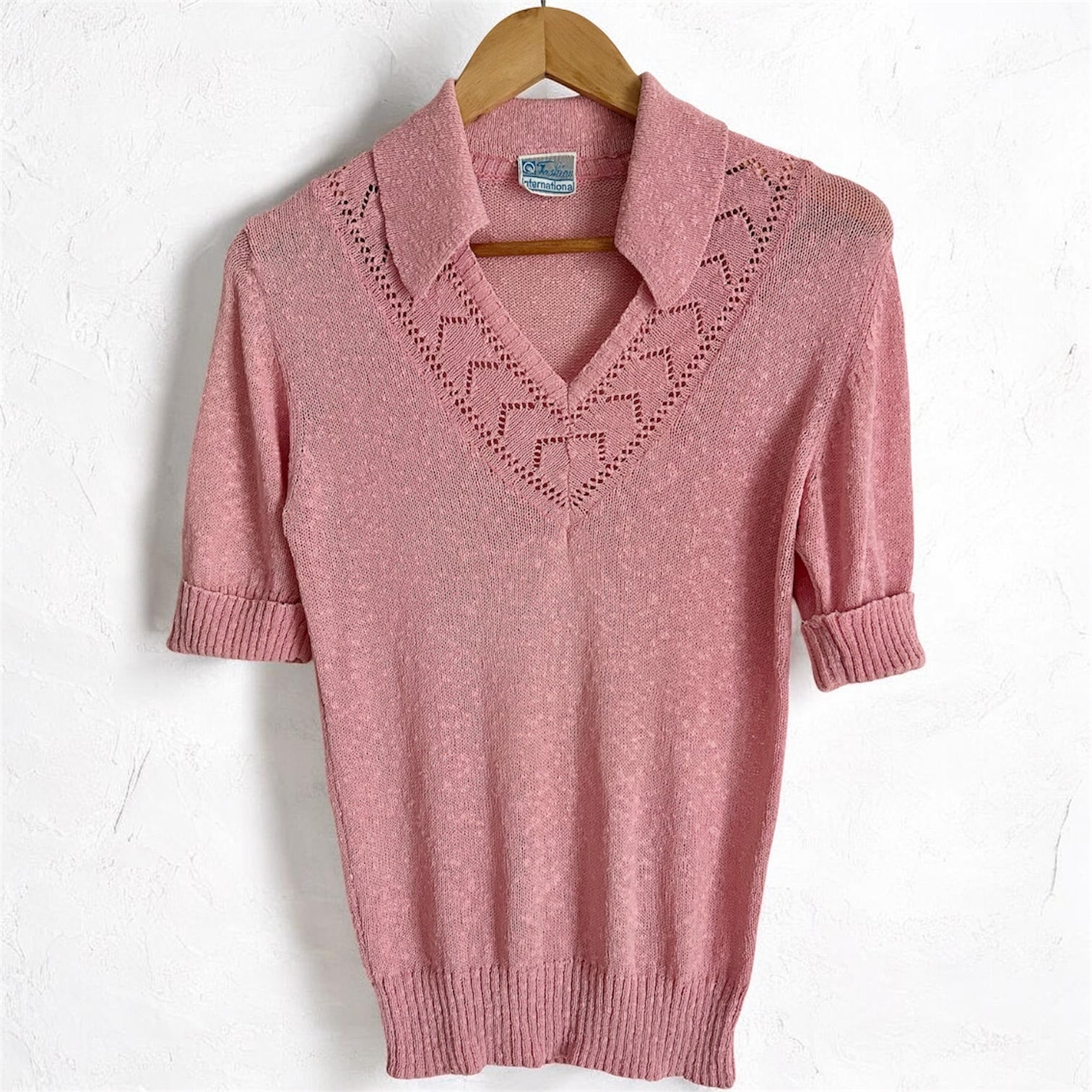 Vintage Romantic Pointelle Knit – Dusty Pink Polo Sweater