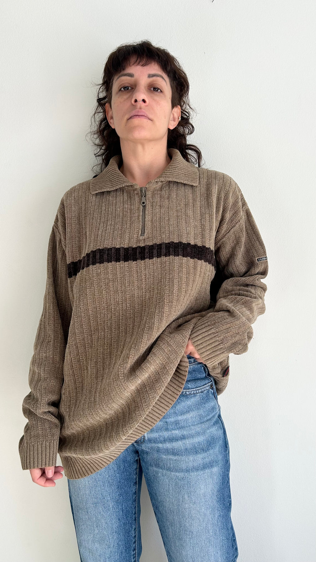 Vintage Brown Ribbed Knit Sweater – Polo Collar & Chest Zipper