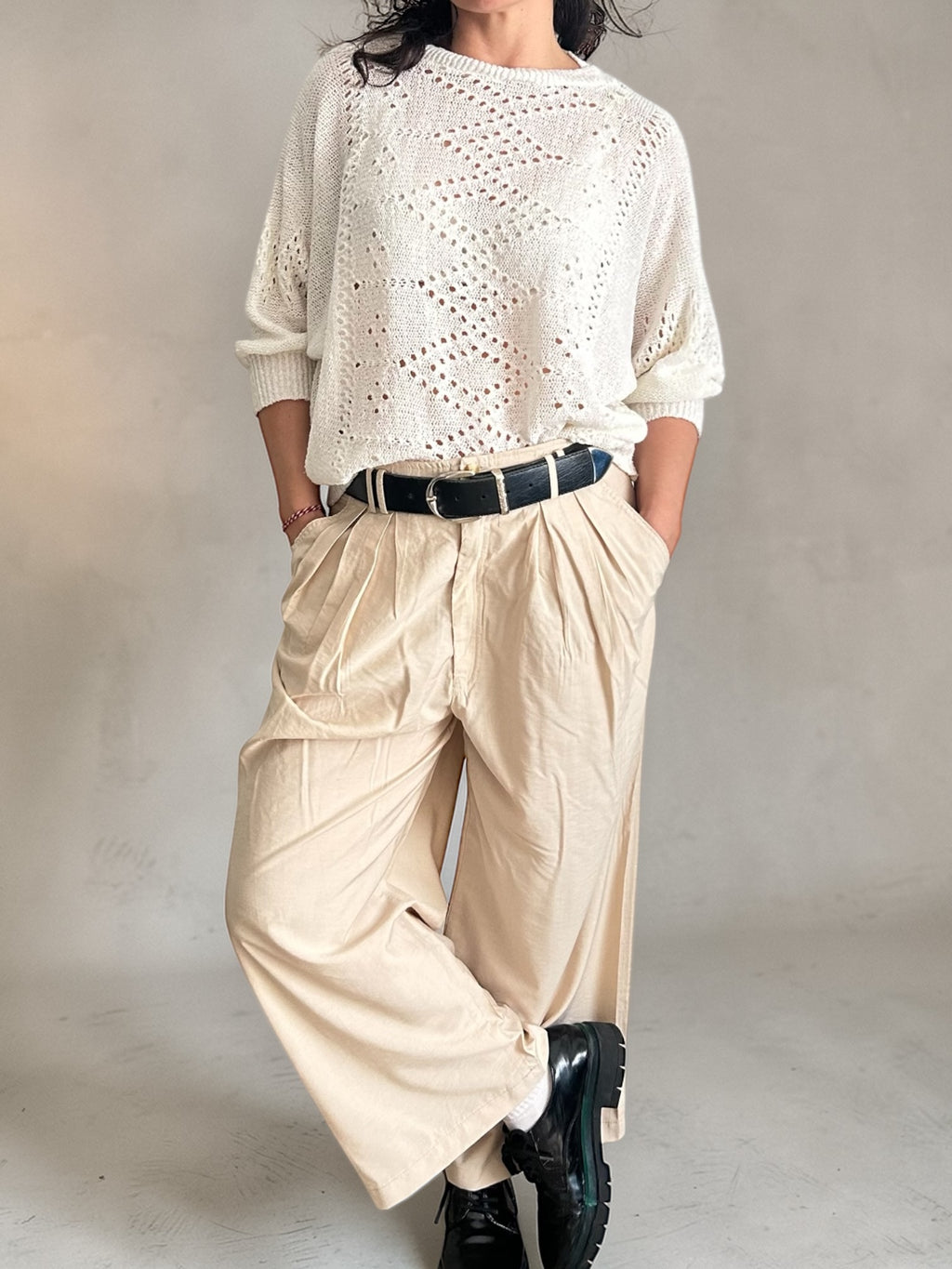 Vintage Batwing Pointelle Knit Sweater