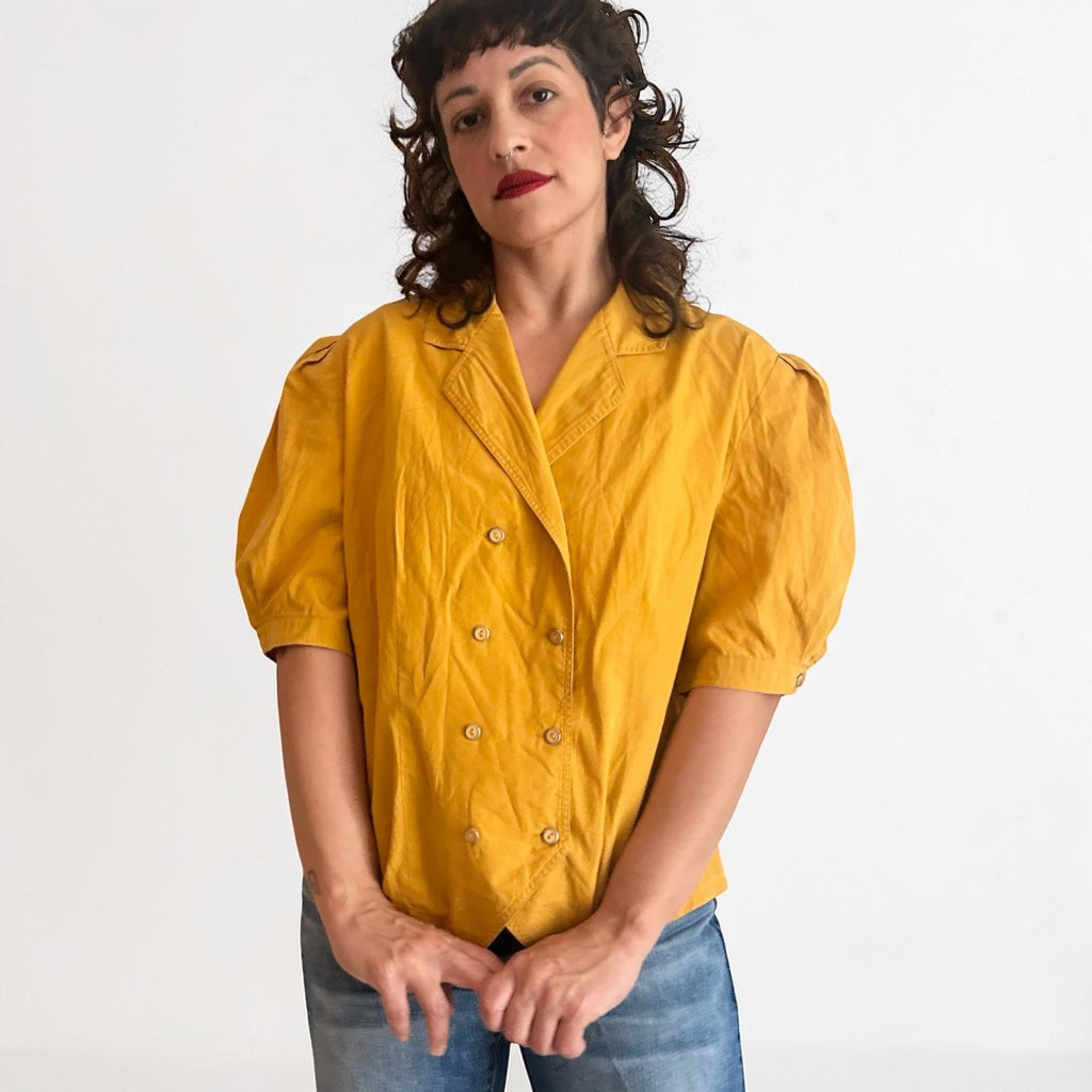 Vintage Mustard Puff-Sleeve Blouse
