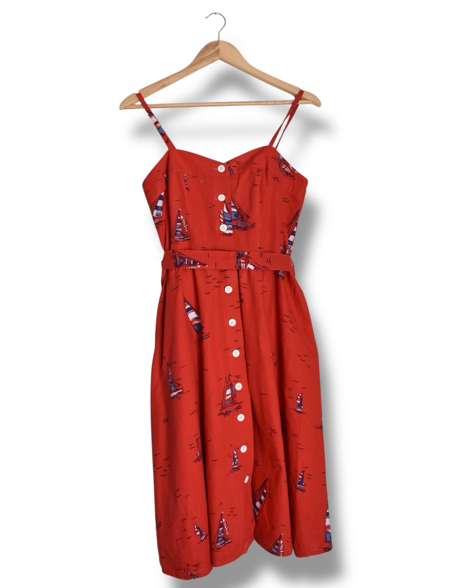 Vintage 80s Red Sailboat Print Midi Dress | Sweetheart Neckline