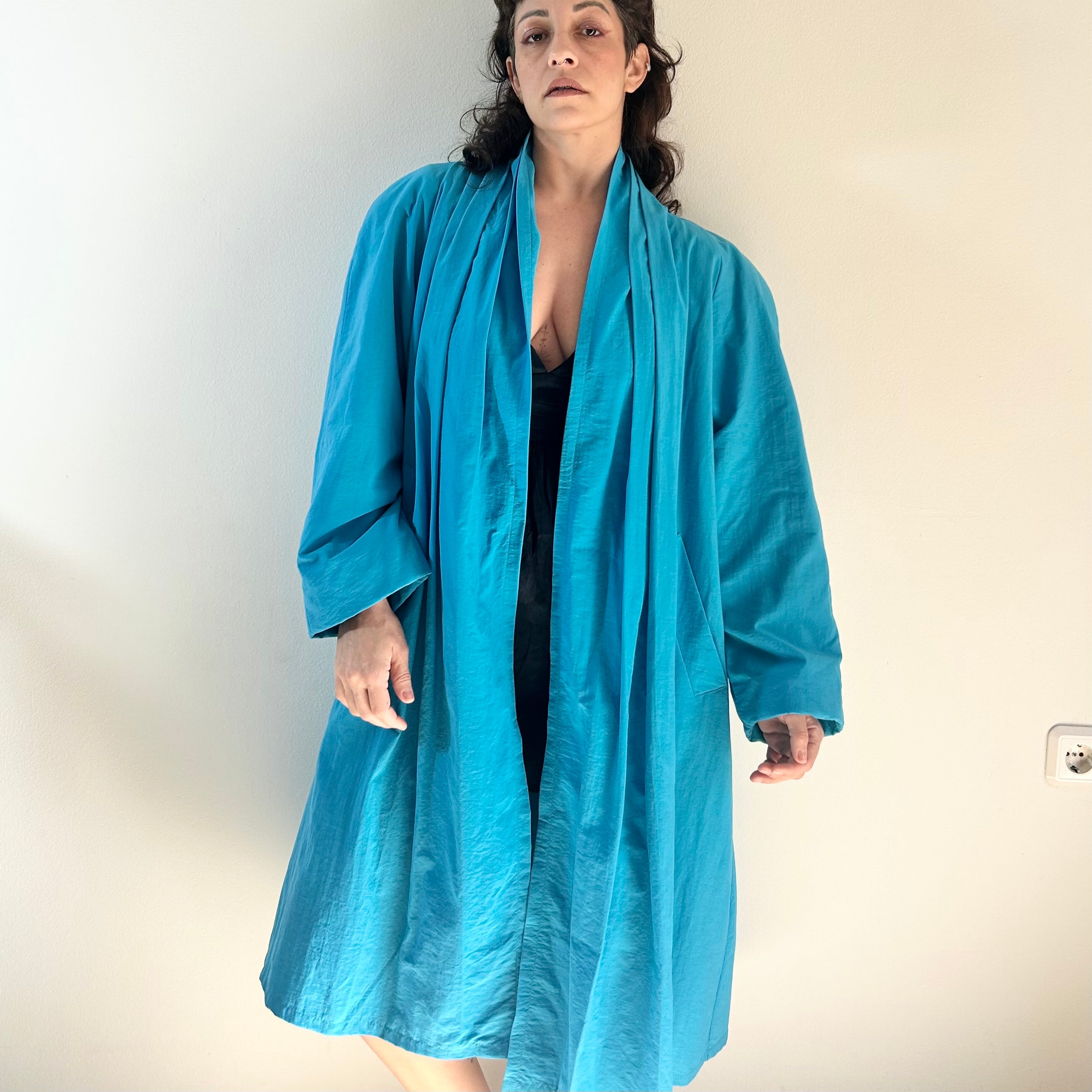 90s Teal Avant-Garde Pleated Duster Coat