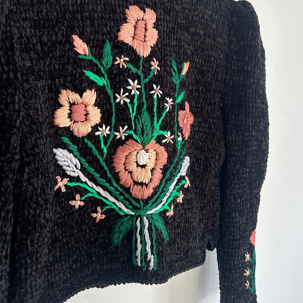 Handmade Black Chenille Floral Cardigan