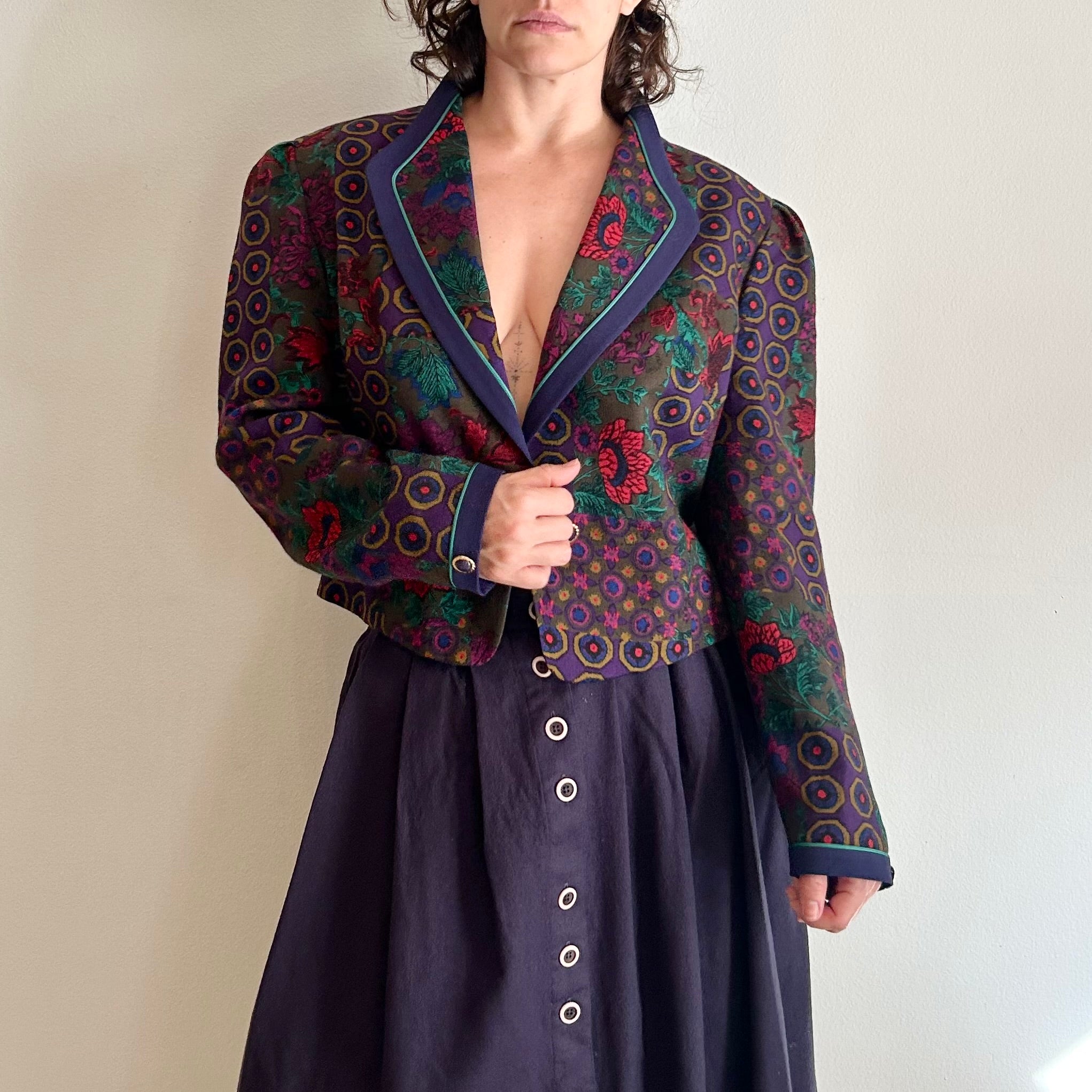 Vintage Maximalist Blazer – Dark Floral & Geometric Motif