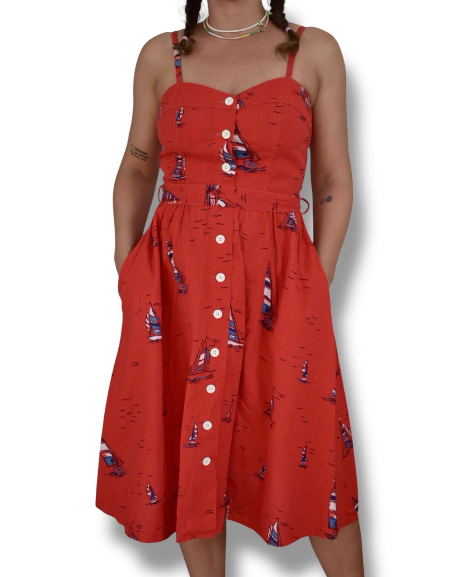 Vintage 80s Red Sailboat Print Midi Dress | Sweetheart Neckline