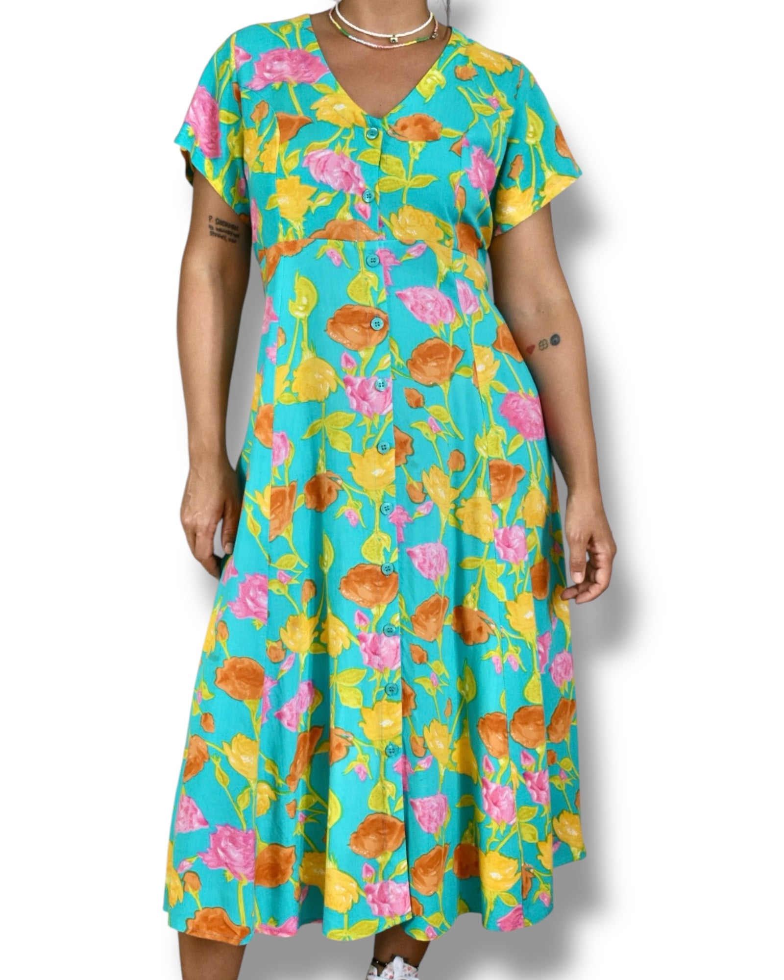 Vintage Midi Dress – Turquoise with Floral Print