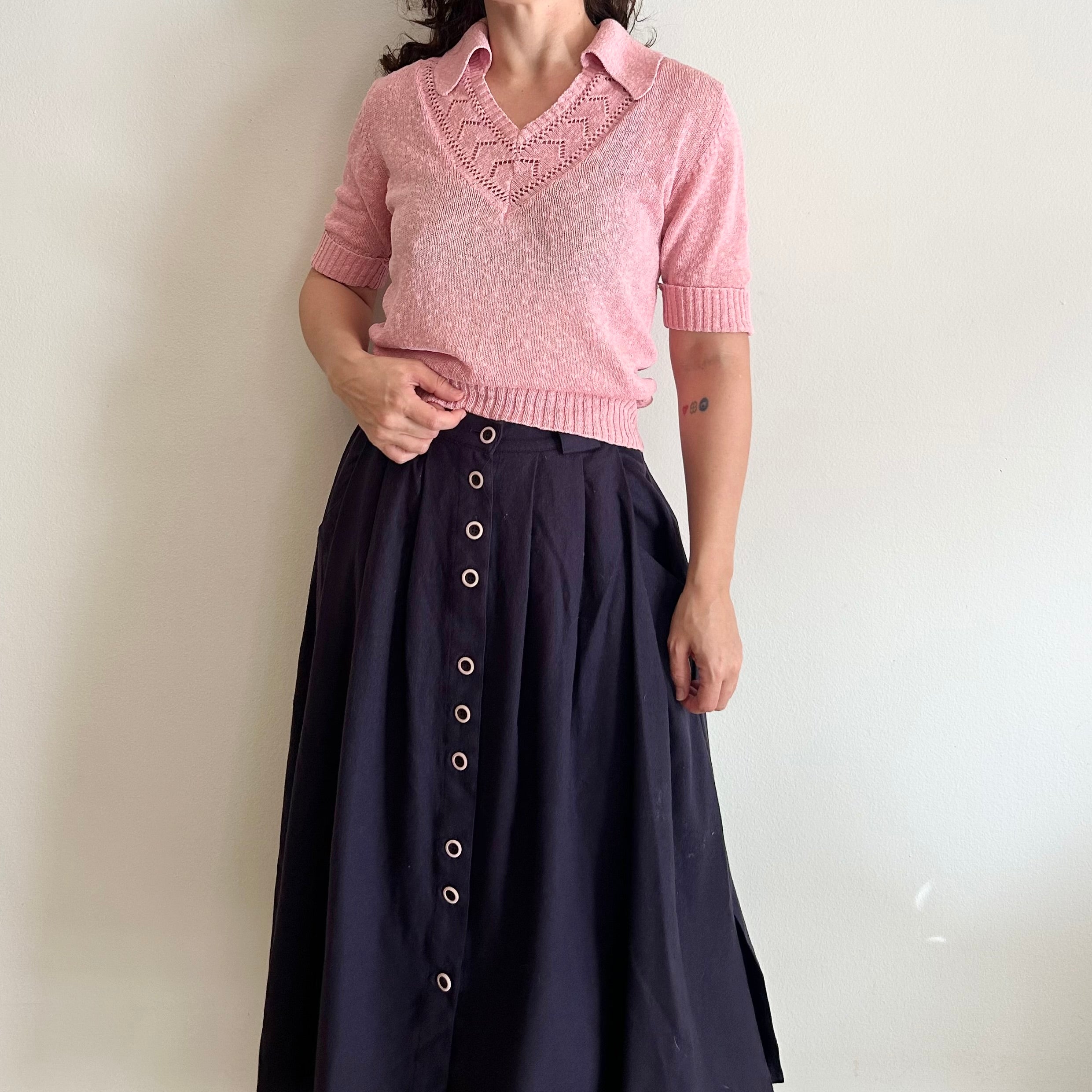 Vintage Romantic Pointelle Knit – Dusty Pink Polo Sweater