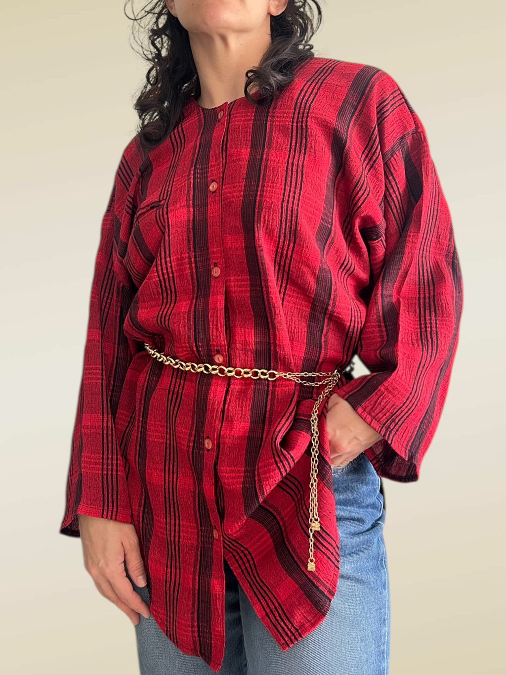 Vintage Red & Black Plaid Band Collar Blouse