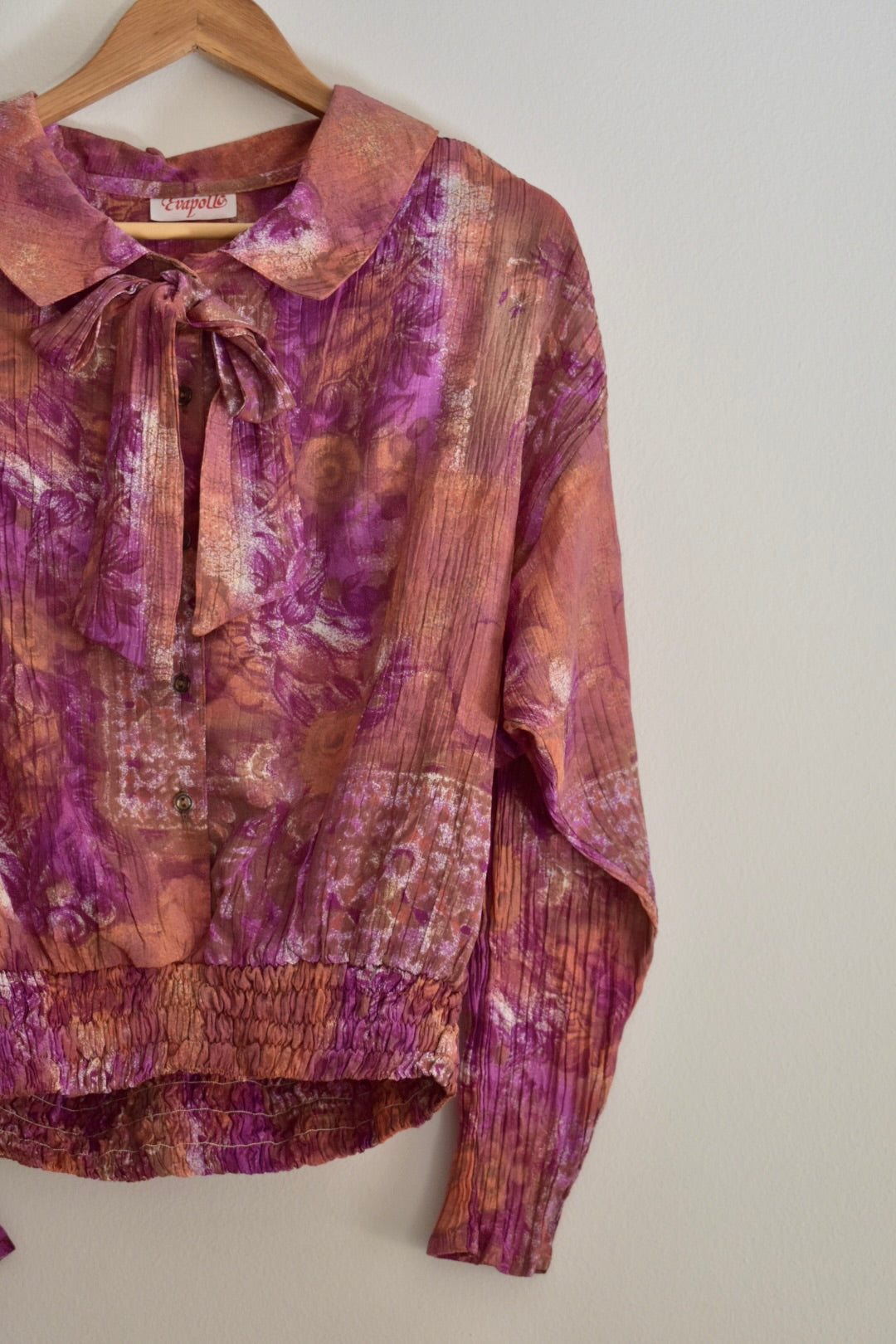 Vintage Women’s Long-Sleeve Blouse in Earthy and Purple Tones