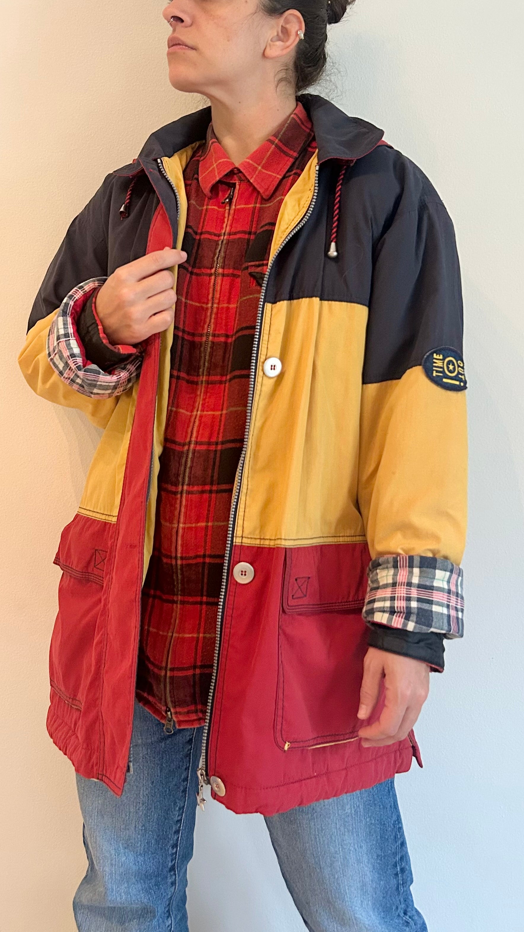 1980s Padded Hooded Jacket – Red, Yellow & Navy – Color Block Coat