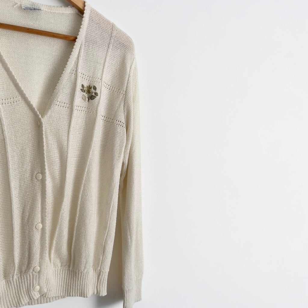 Vintage Italian Knit Cardigan • Delicate Floral Embroidery