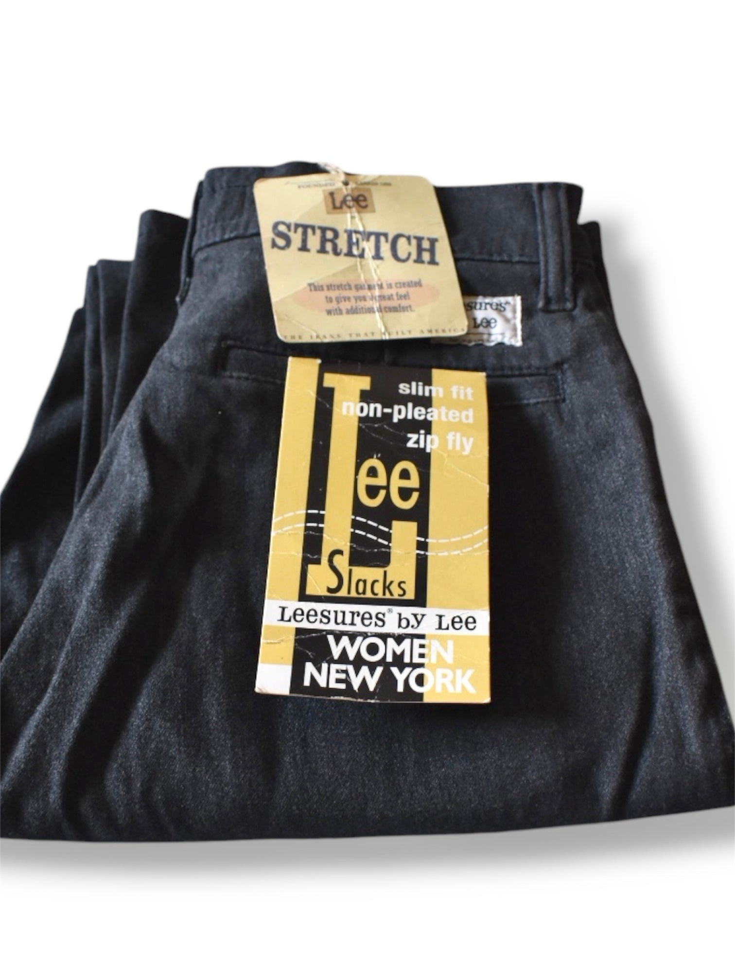 Vintage 1970s–80s Lee Leesures Women’s Slim Fit Dark Grey Stretch Pants – Deadstock with Tags