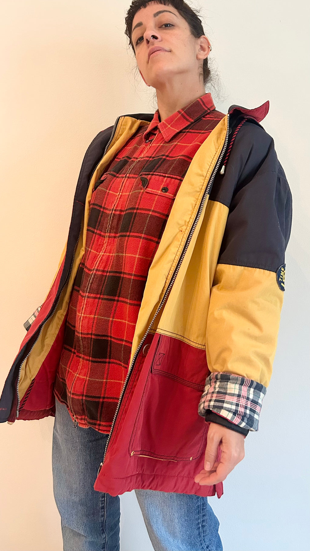1980s Padded Hooded Jacket – Red, Yellow & Navy – Color Block Coat