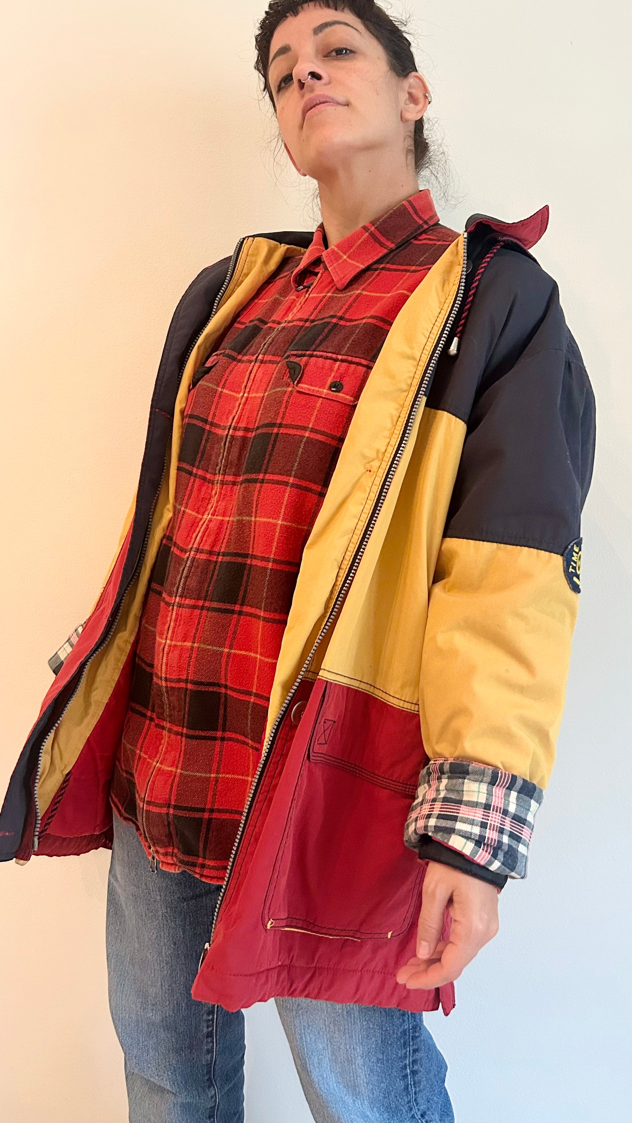 1980s Padded Hooded Jacket – Red, Yellow & Navy – Color Block Coat