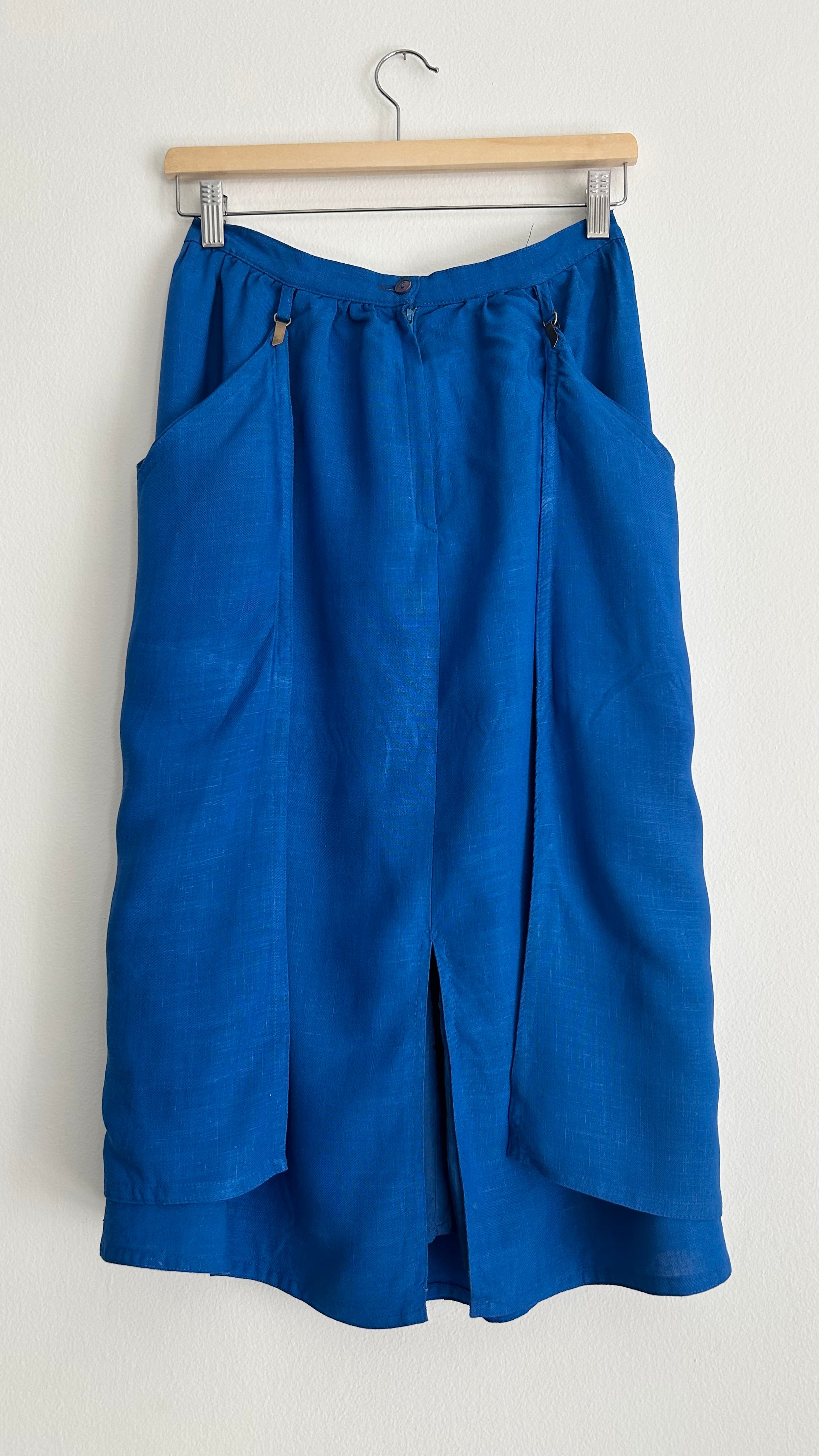 Vintage 1970s Royal Blue Linen Midi Skirt