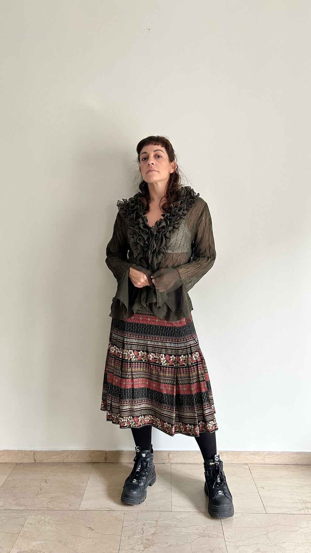 2000s Sheer Fairy-Style Blouse in Dark Green Silk Blend