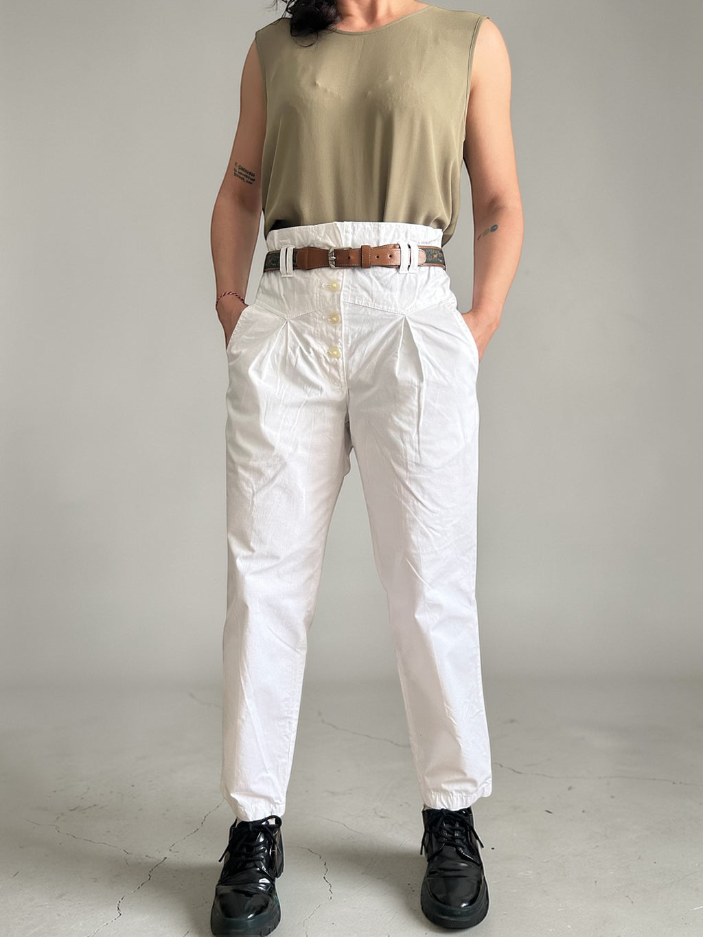 Vintage High-Waisted White Cotton Trousers