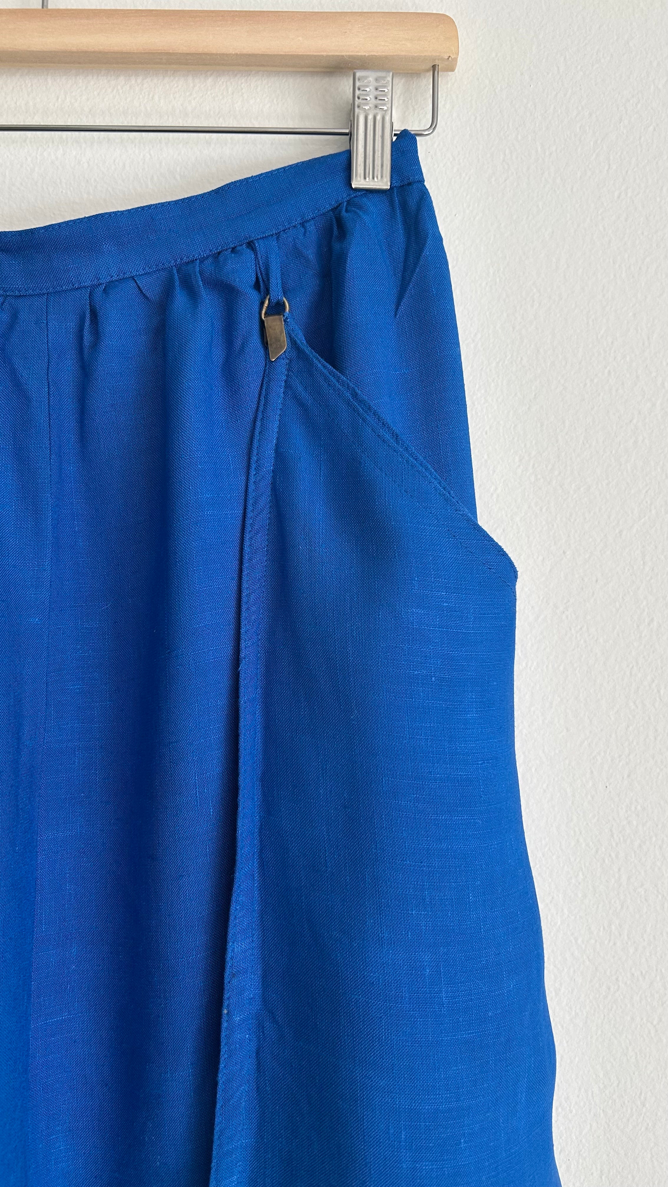 Vintage 1970s Royal Blue Linen Midi Skirt