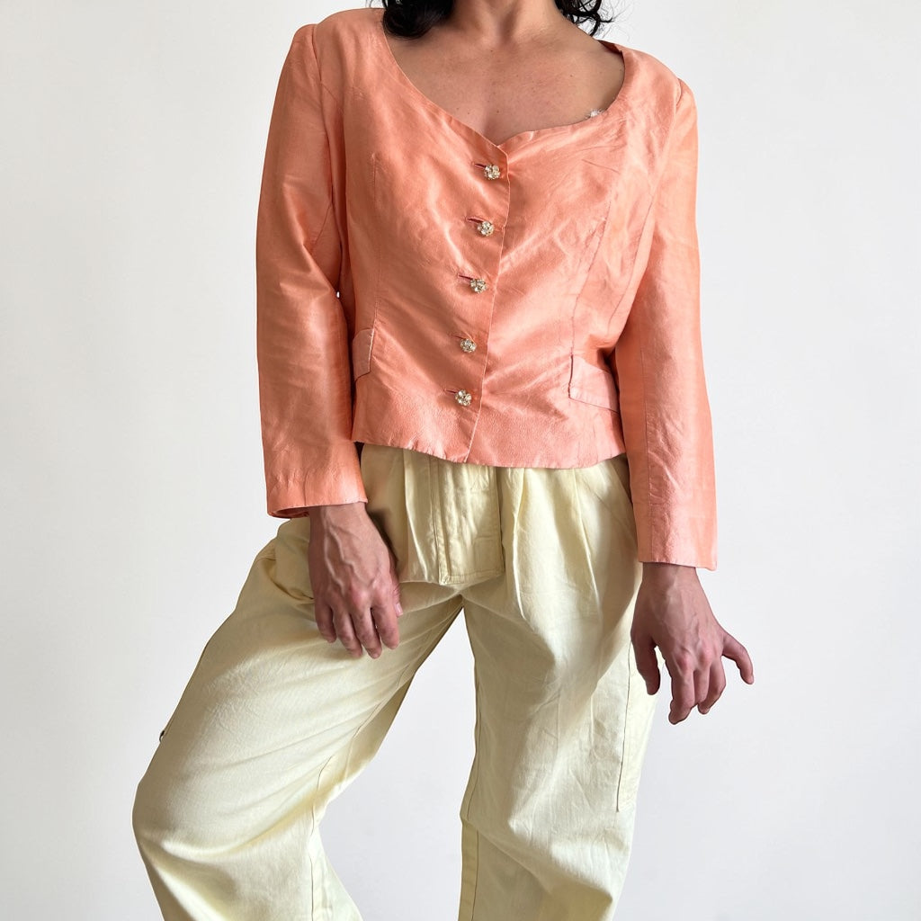 Vintage 80s Raw Silk Jacket with Rhinestone Buttons
