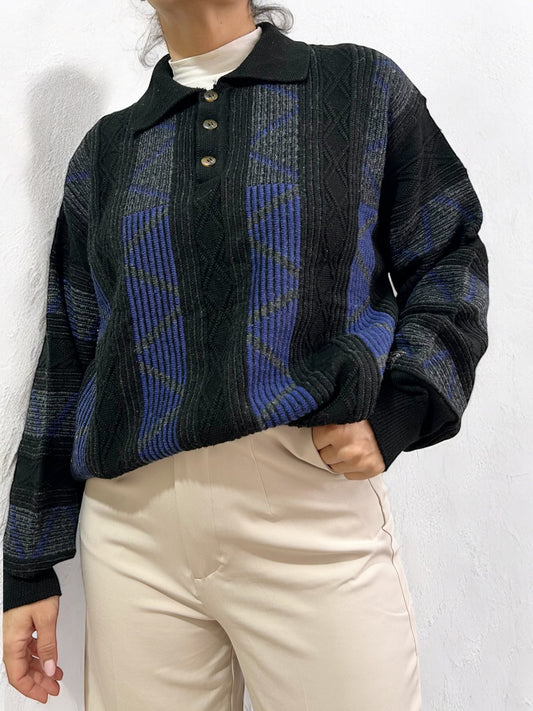 Vintage Patterned Polo Sweater