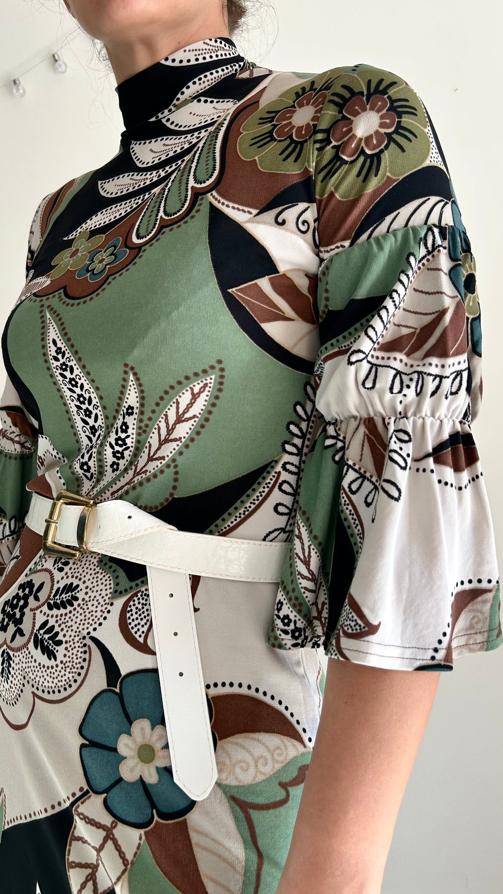 Y2K Dress – 100% Rayon – Green, Brown & White – 3/4 Sleeves