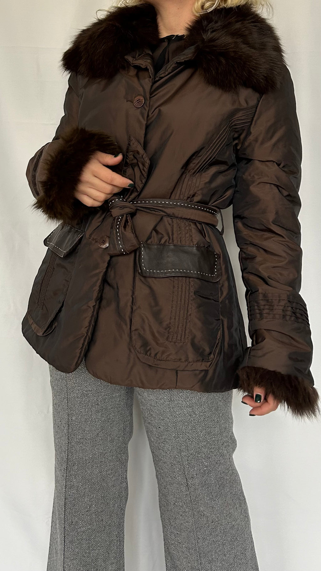Vintage 2000s Brown Nylon Puffer Coat with Real Fox Fur Collar & Cuffs