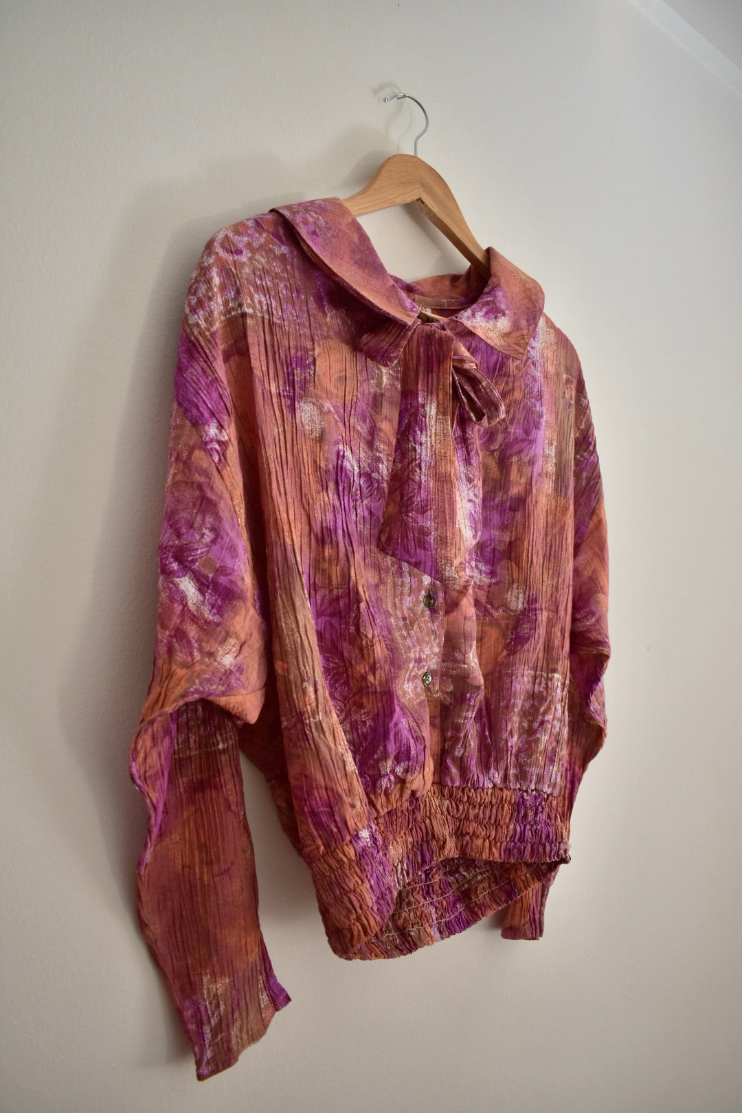 Vintage Women’s Long-Sleeve Blouse in Earthy and Purple Tones
