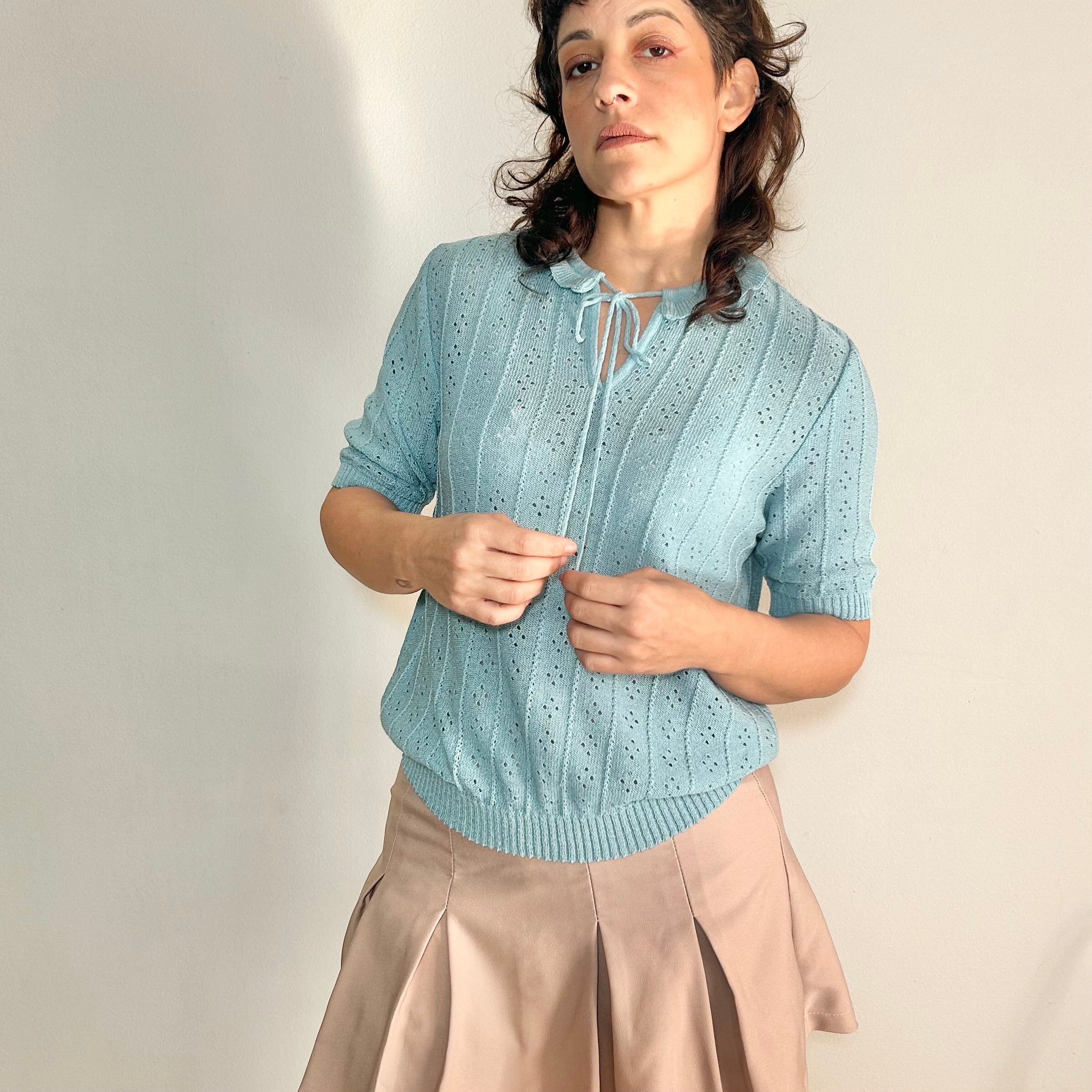 Vintage Blue Pointelle Knit Top