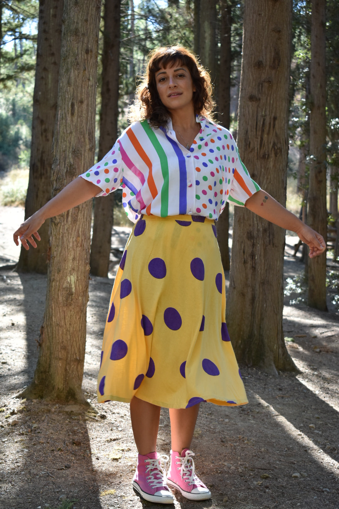 Short-Sleeve Button-Up Shirt with Colorful Stripes & Polka Dots