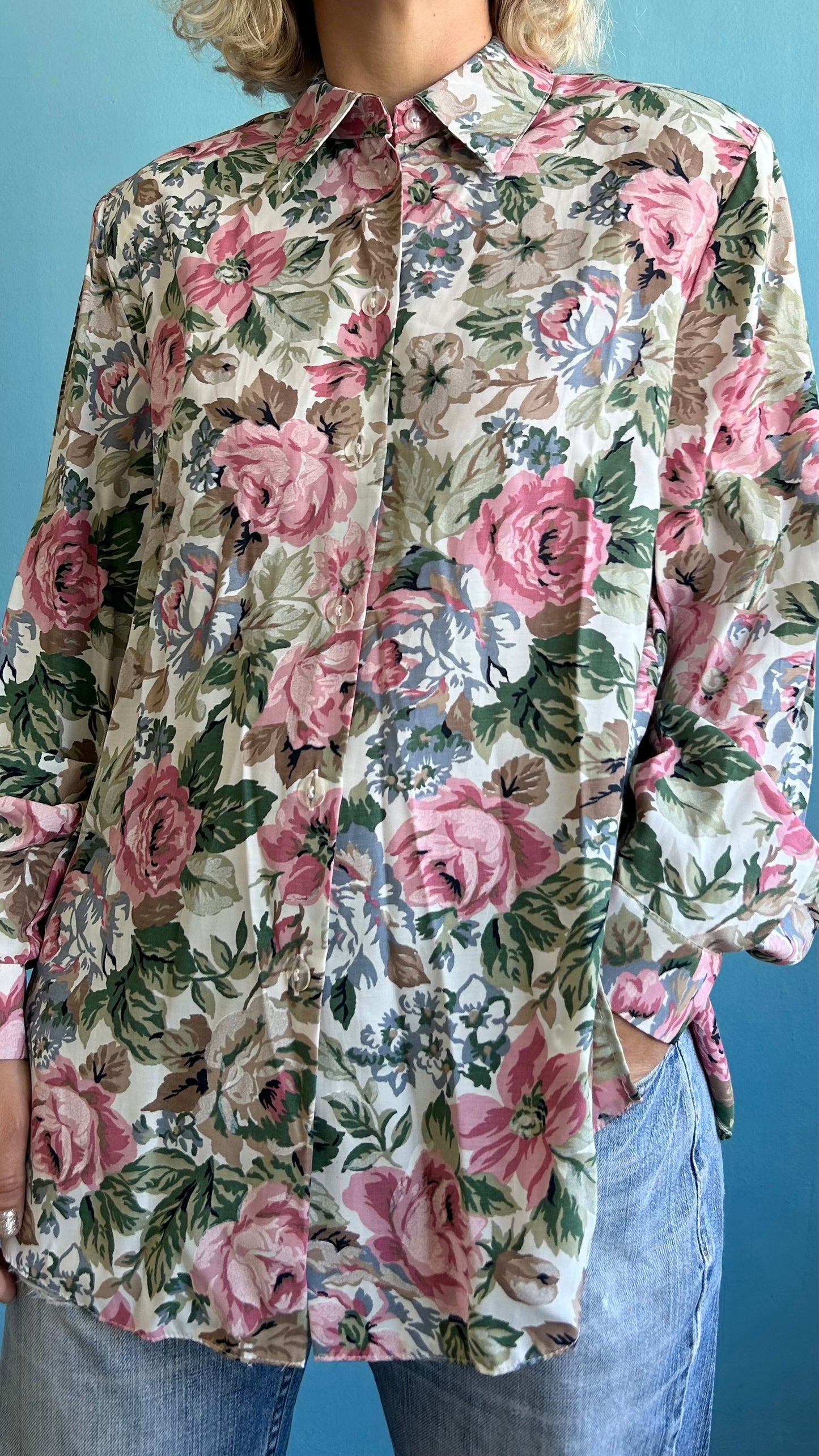 Vintage Floral Long Sleeve Shirt with Shoulder Pads