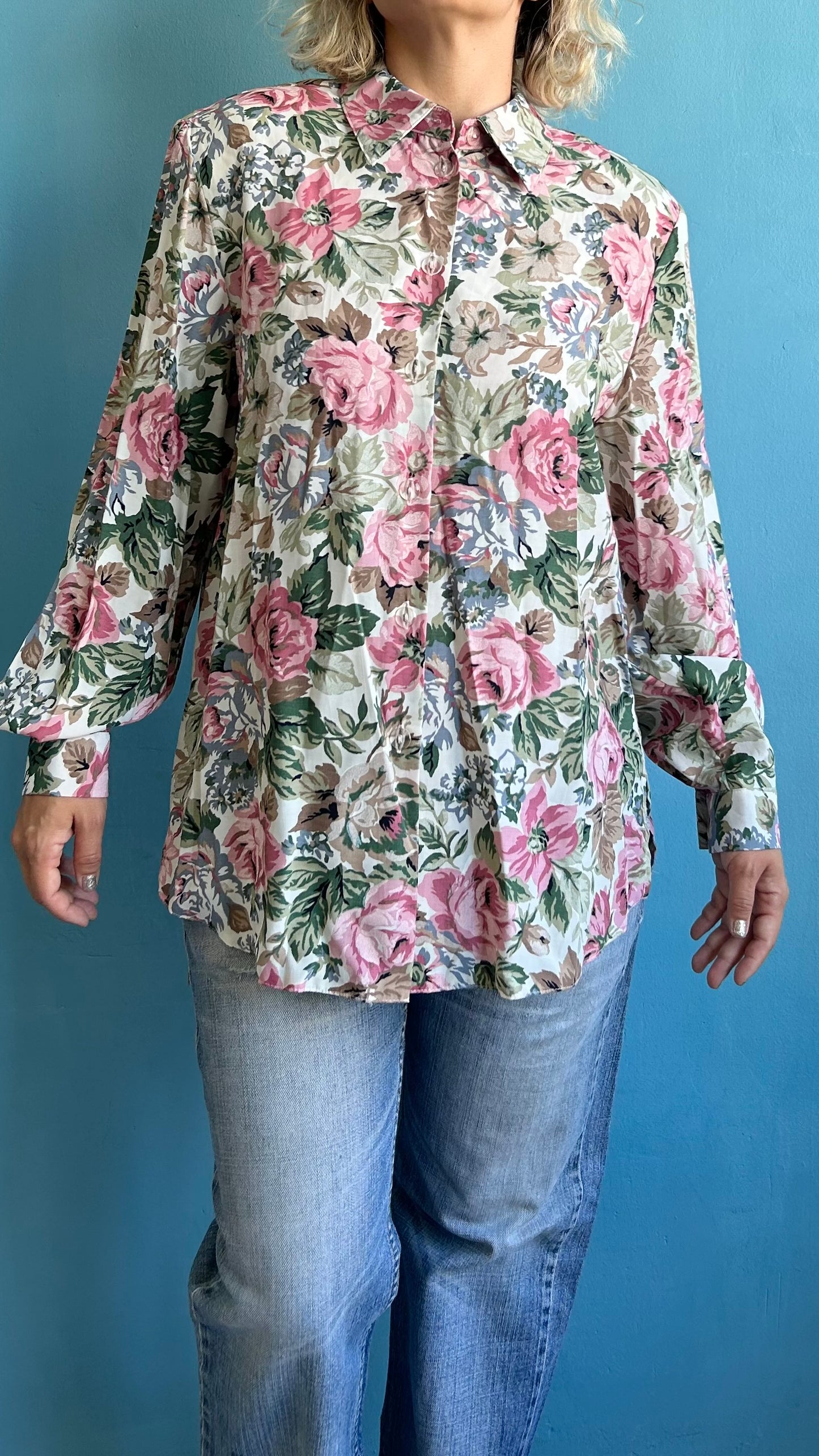 Vintage Floral Long Sleeve Shirt with Shoulder Pads