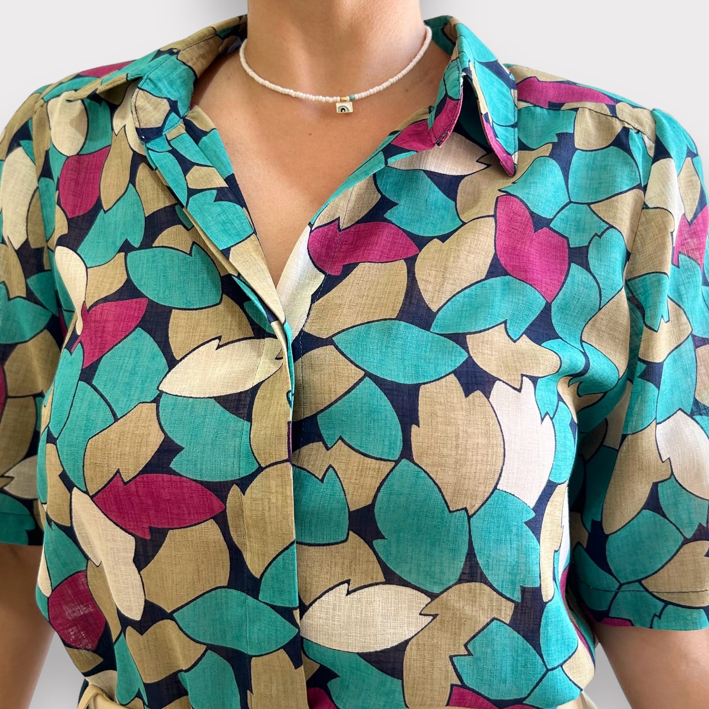 Vintage Patterned Blouse with Shoulder Pads (removable)