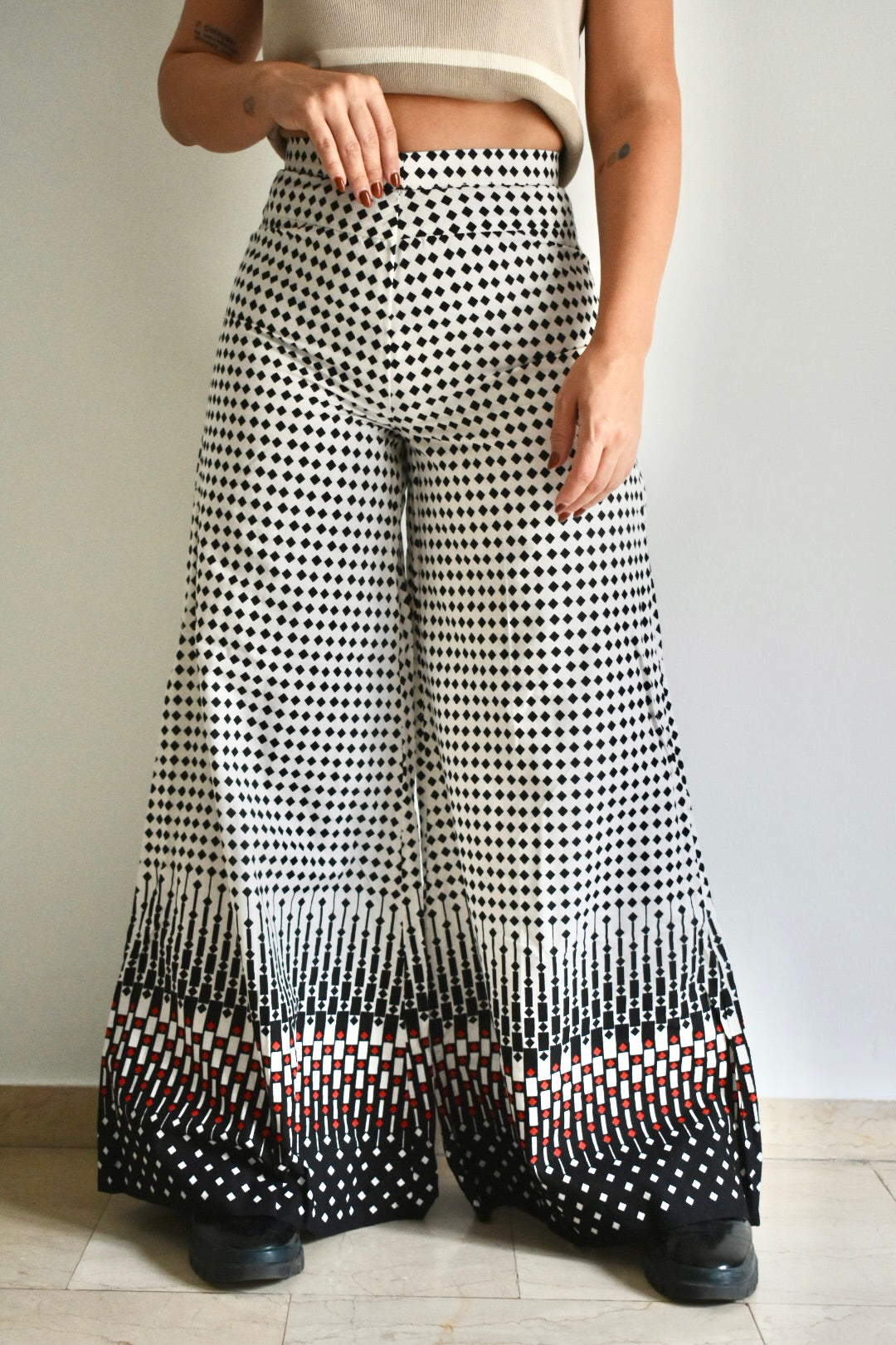 Vintage Handmade 70s High-Waist Flared Pants with Geometric Print