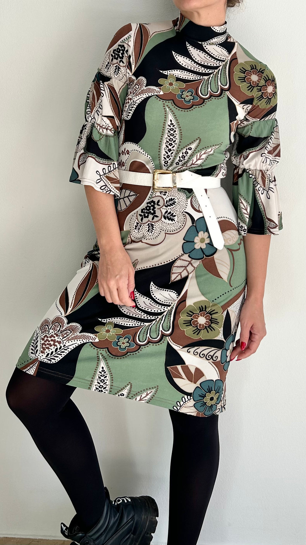 Y2K Dress – 100% Rayon – Green, Brown & White – 3/4 Sleeves