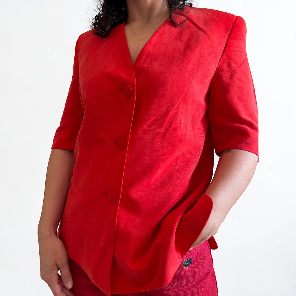 Vintage Structured Red Blazer • Short Sleeve • Vibrant Scarlet