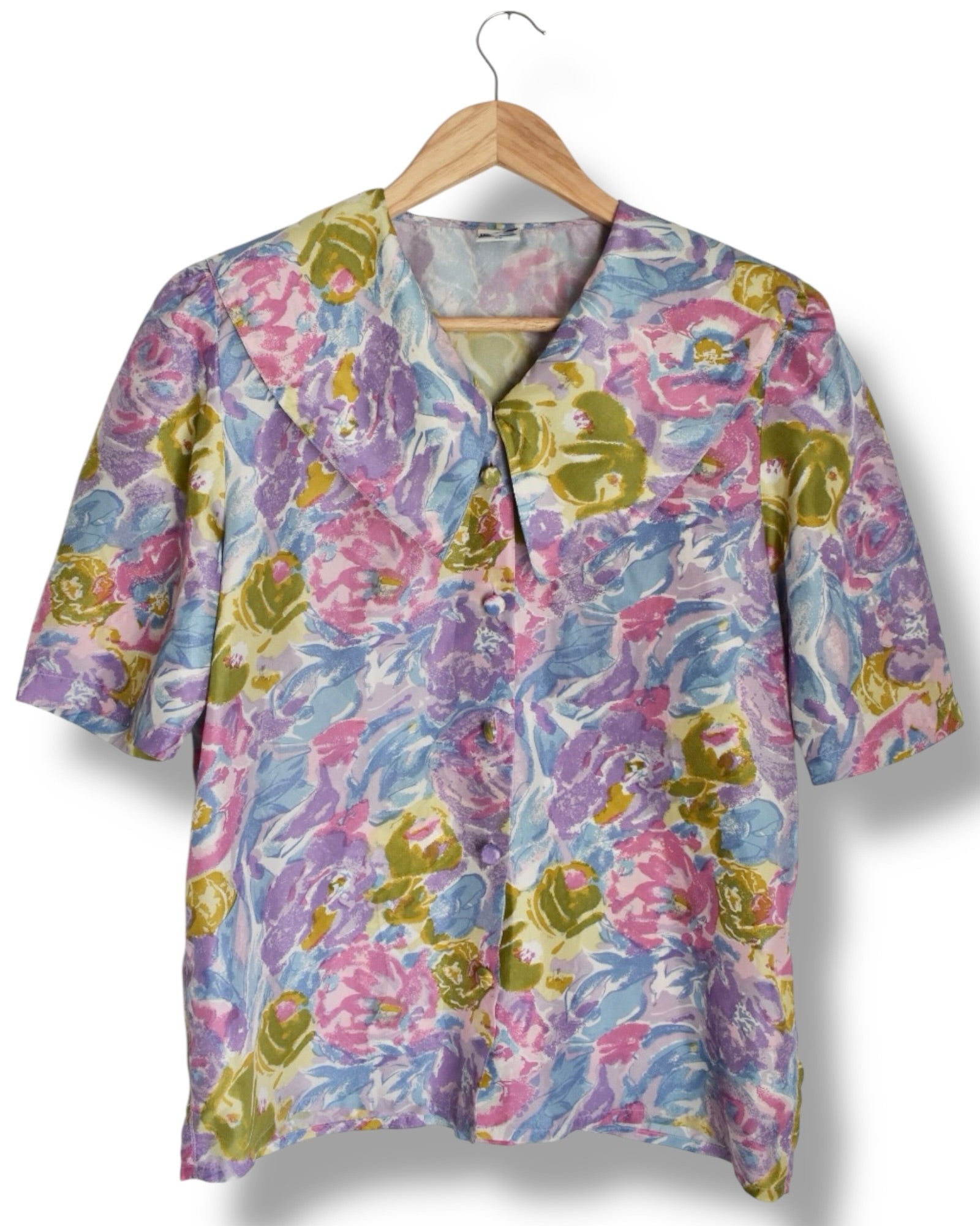 Vintage 1980s Silk Floral Blouse with Oversized Collar