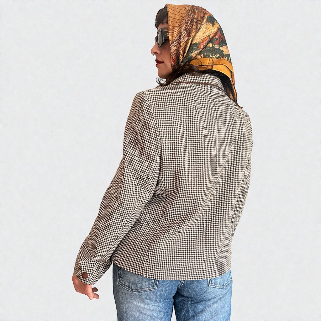 Vintage Houndstooth Virgin Wool Blend Blazer - Brown & Cream