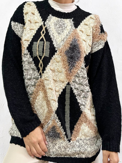 Vintage Patterned Black Sweater