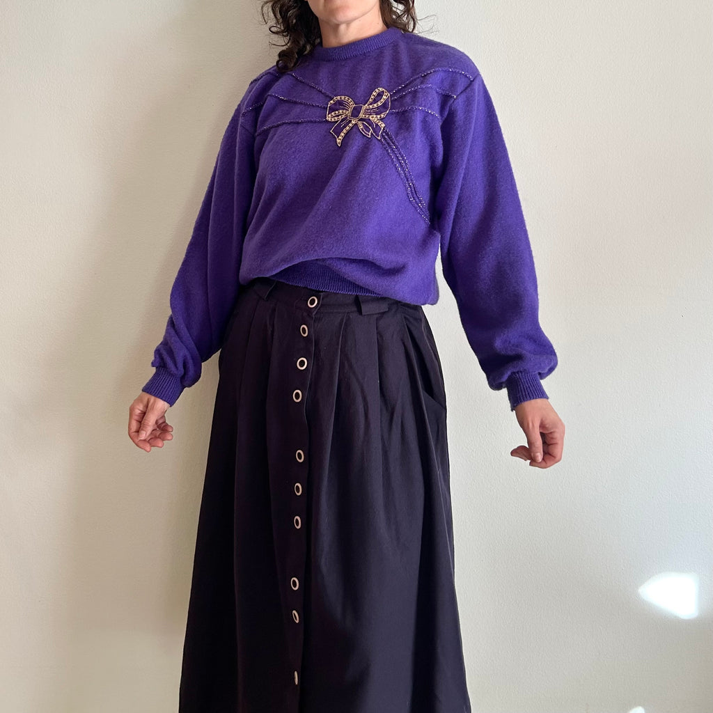 Vintage 80s Statement Knit – Royal Purple & Gold Bow Detail